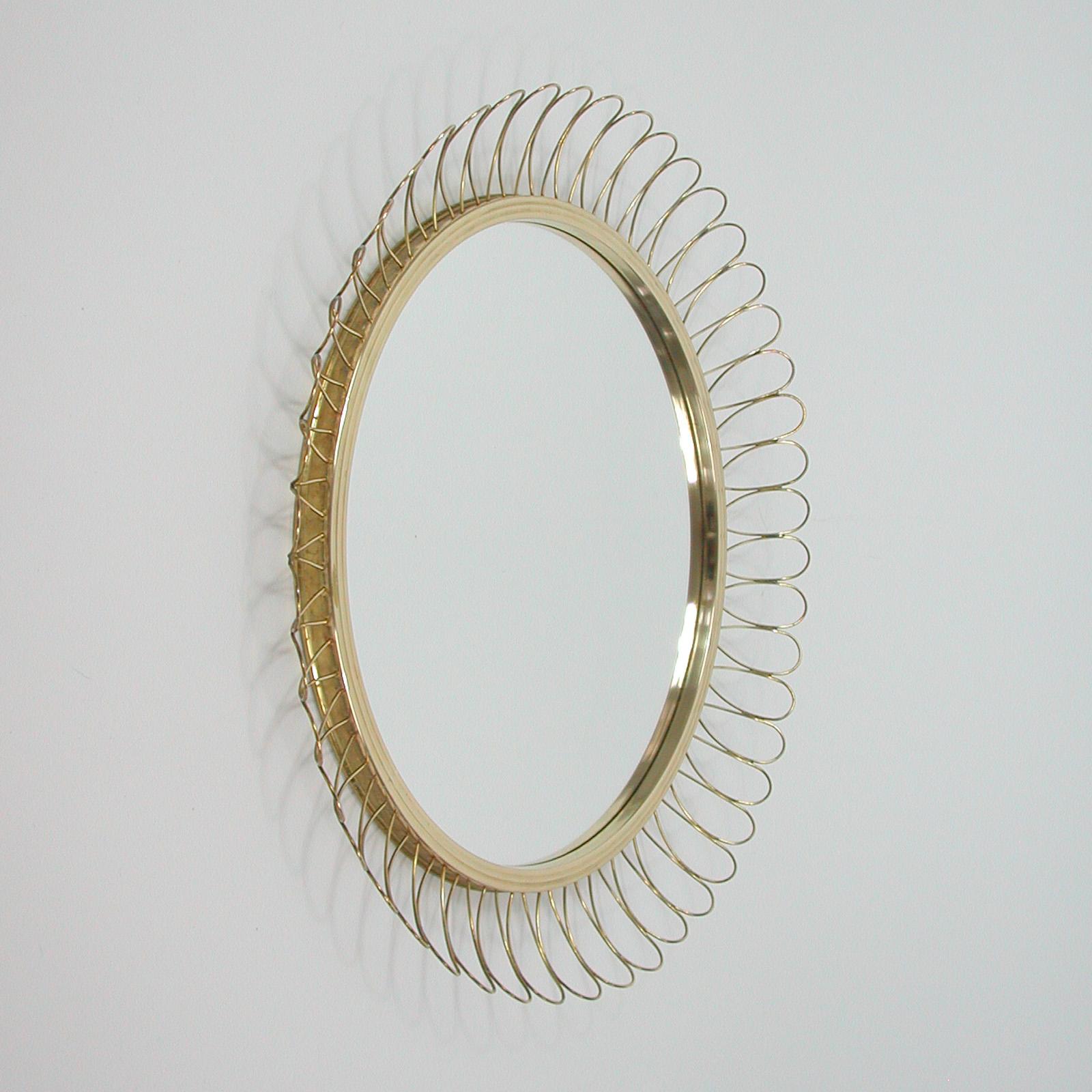 Swedish Midcentury Sculptural Round Brass Wall Mirror, Sweden 1950s For Sale