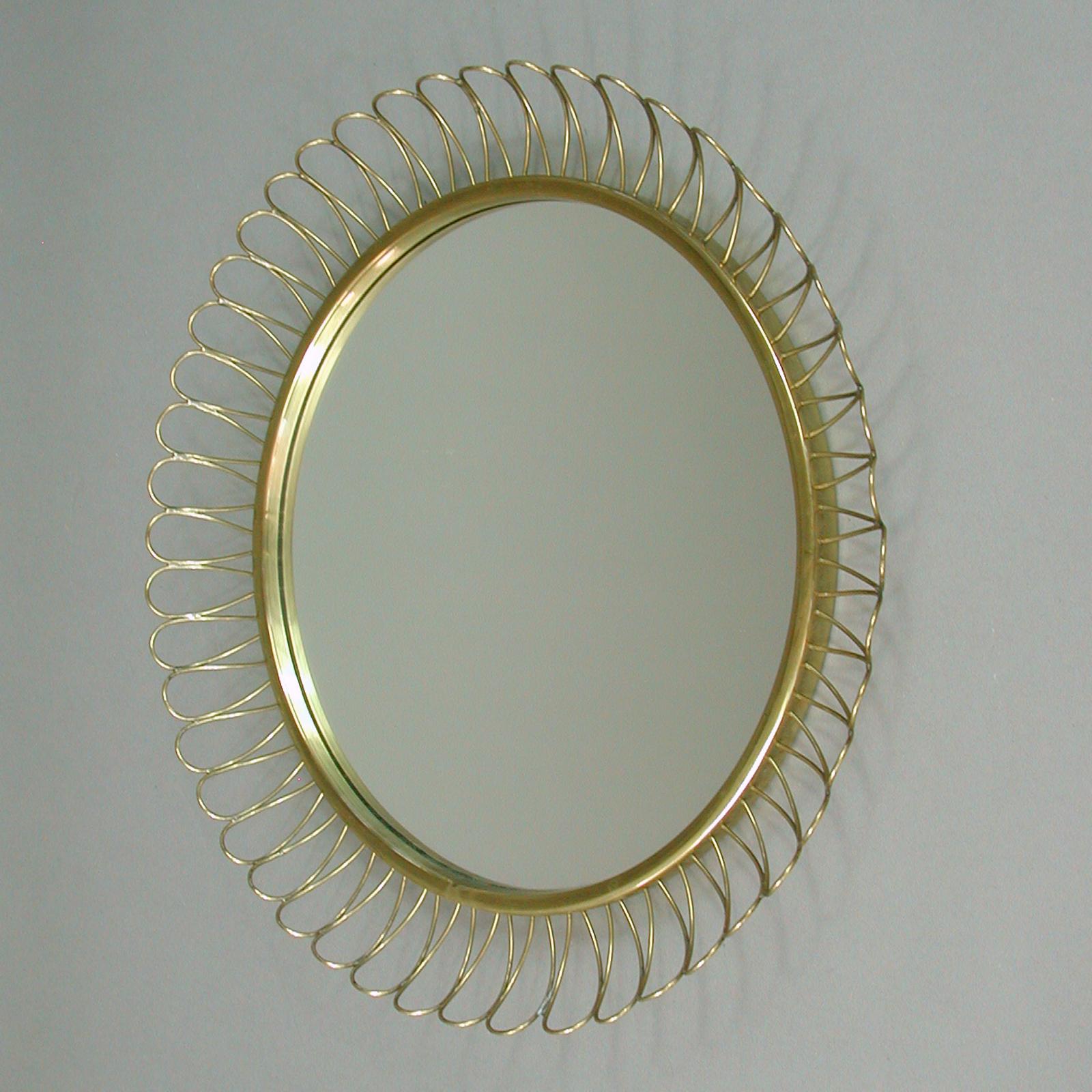 Swedish Midcentury Sculptural Round Brass Wall Mirror, Sweden, 1950s For Sale