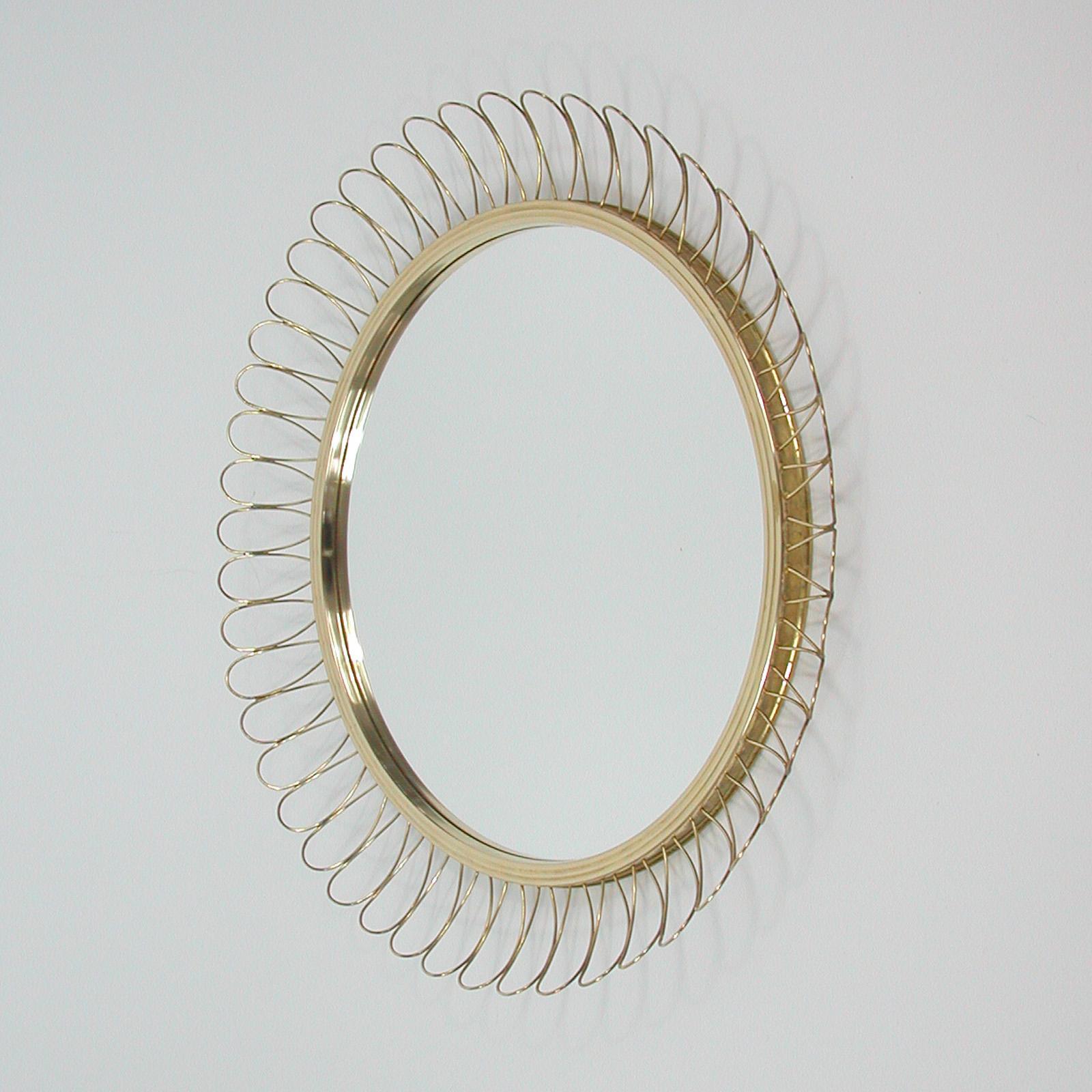 Plated Midcentury Sculptural Round Brass Wall Mirror, Sweden 1950s For Sale