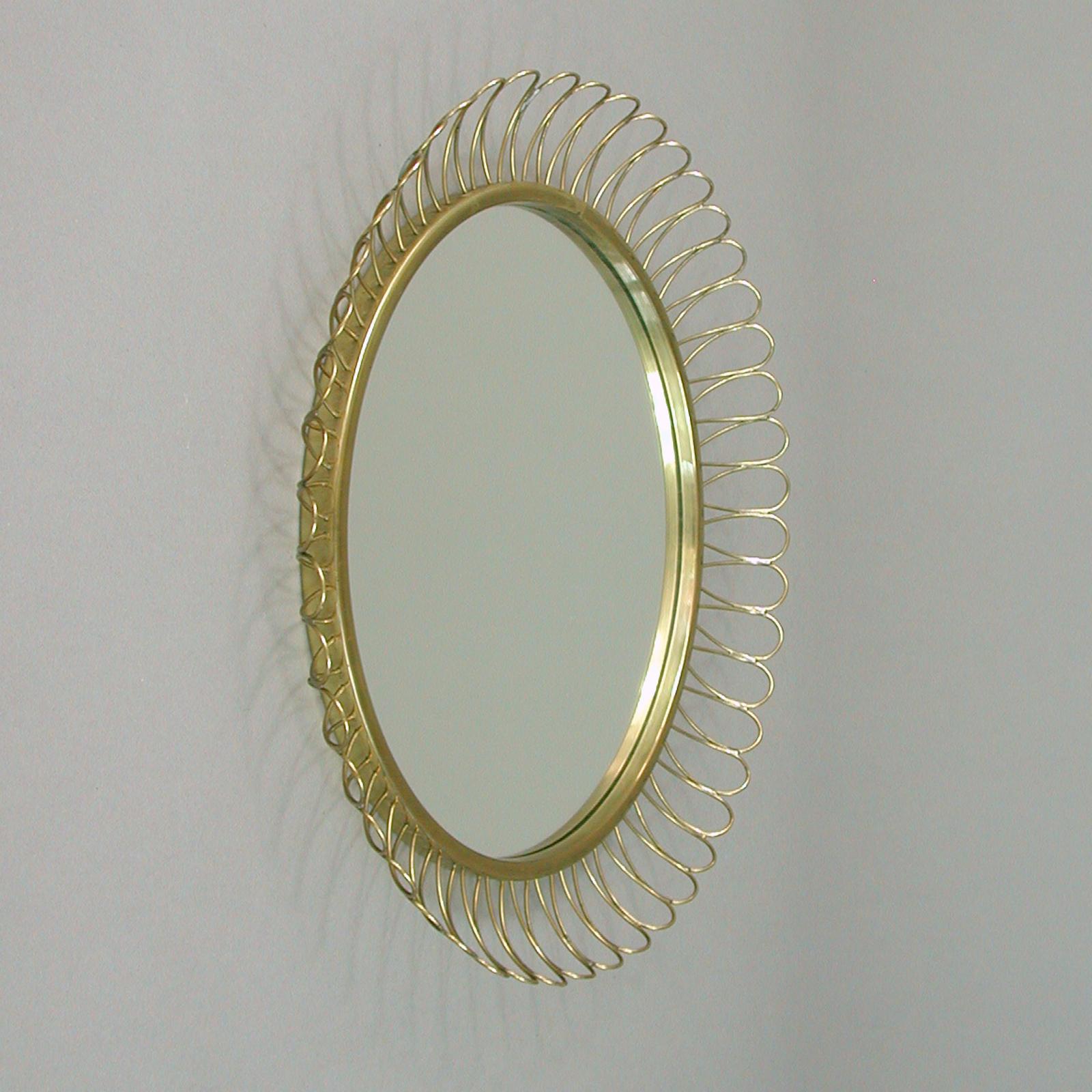 Plated Midcentury Sculptural Round Brass Wall Mirror, Sweden, 1950s For Sale
