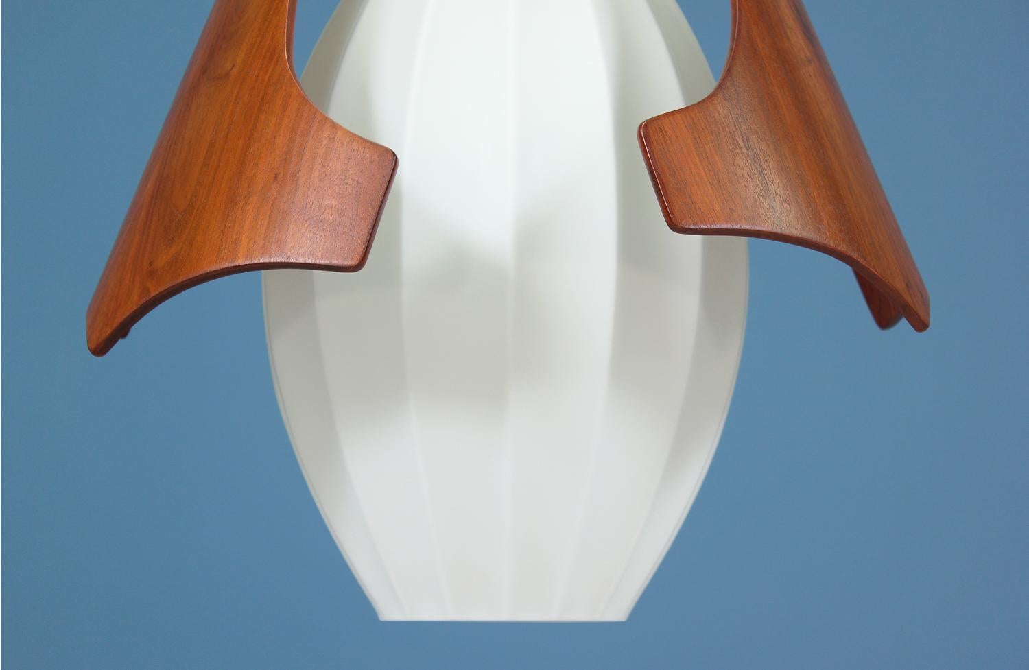 American Mid Century Sculptural Walnut Pendant Chandelier with Frosted Glass