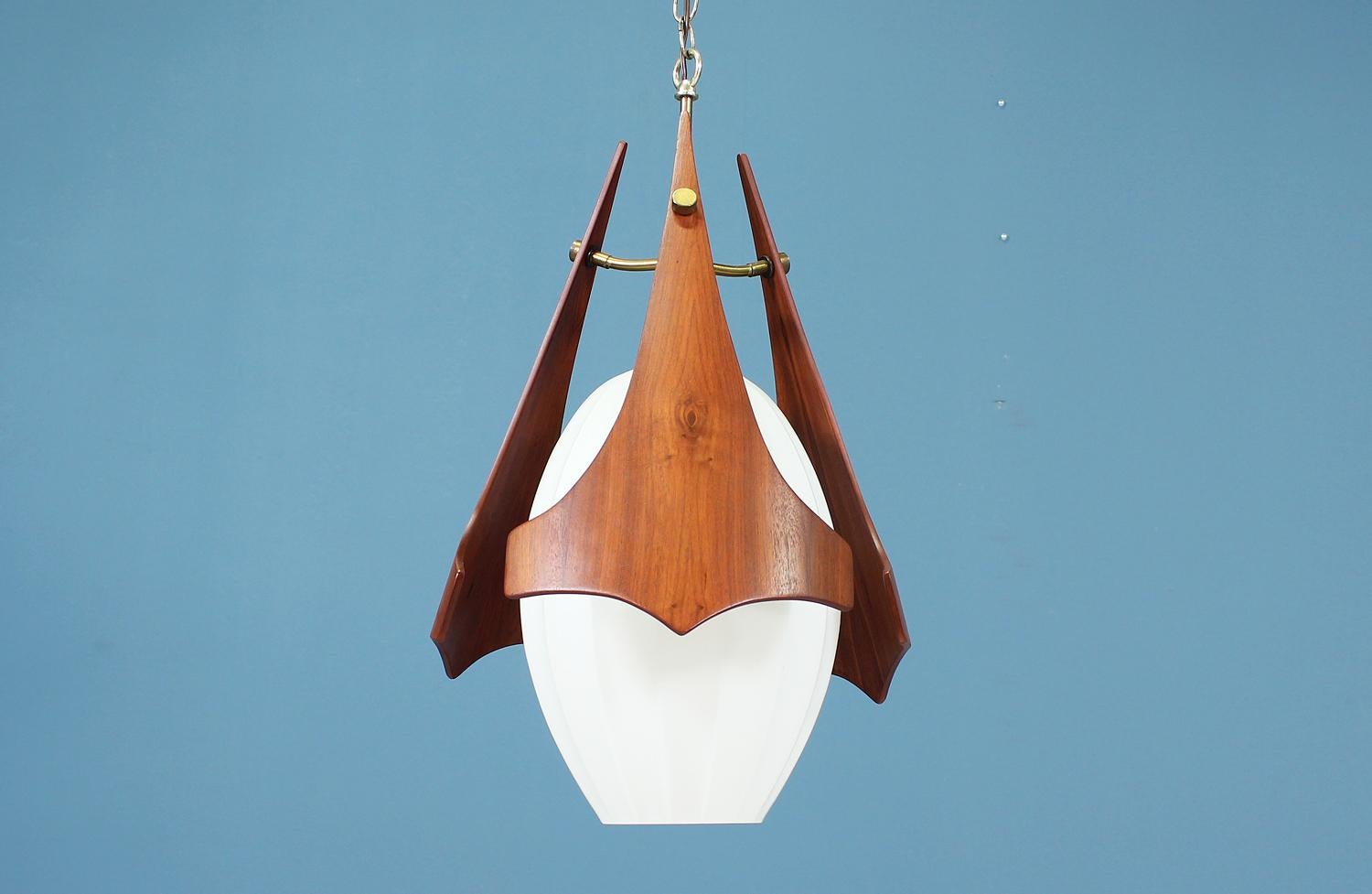 Mid Century Sculptural Walnut Pendant Chandelier with Frosted Glass In Excellent Condition In Los Angeles, CA