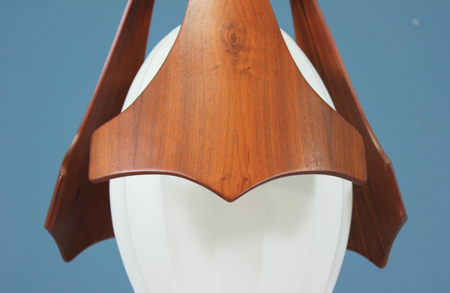 Mid-20th Century Mid Century Sculptural Walnut Pendant Chandelier with Frosted Glass