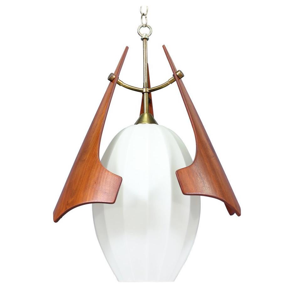 Mid Century Sculptural Walnut Pendant Chandelier with Frosted Glass