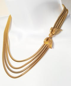 MidCentury SculpturalTexturedGoldBowClasp Graduated4Strand Snake Chain Necklace