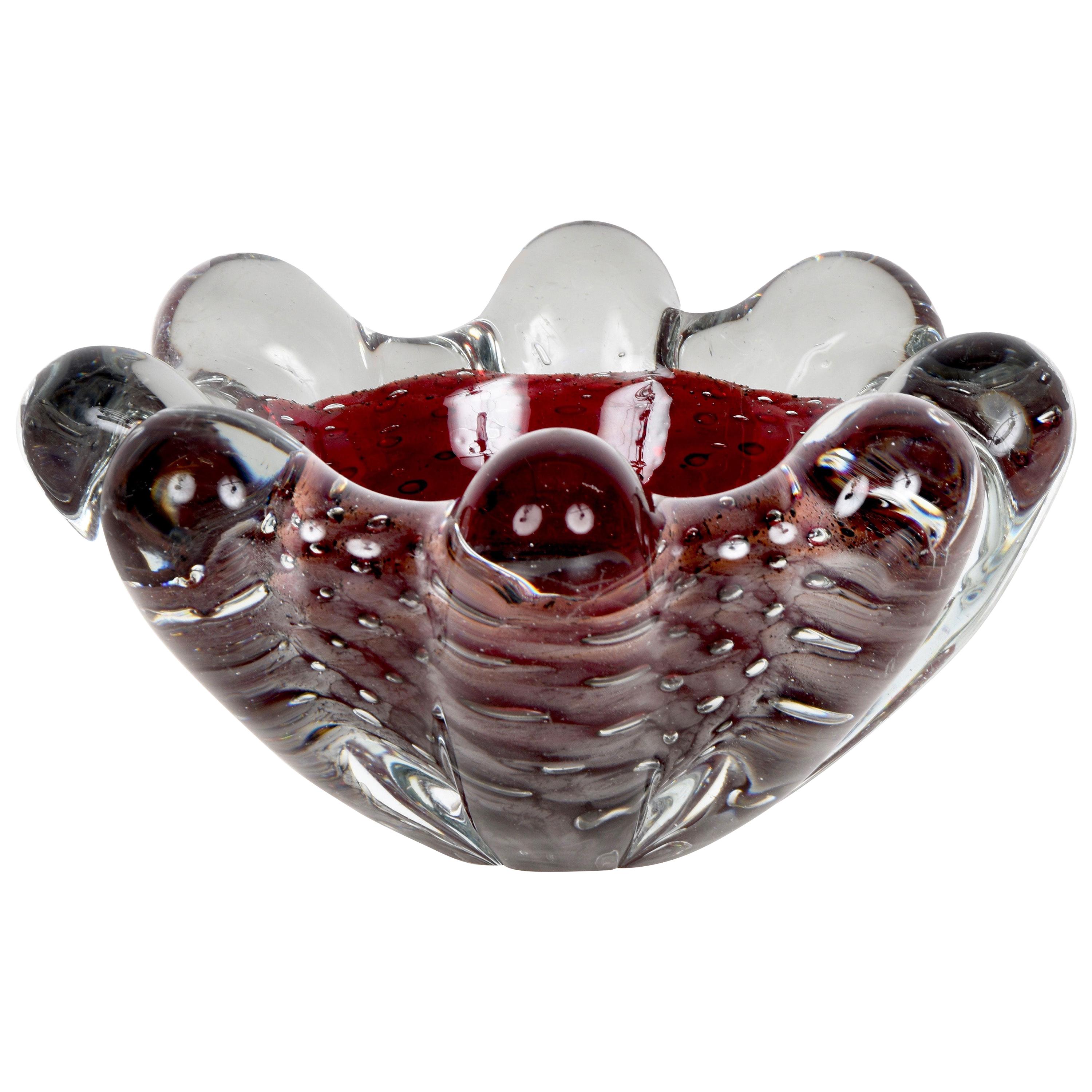 Midcentury Seguso Crystal and Purple Air-Bubbled Murano Glass Italian Bowl 1950s For Sale