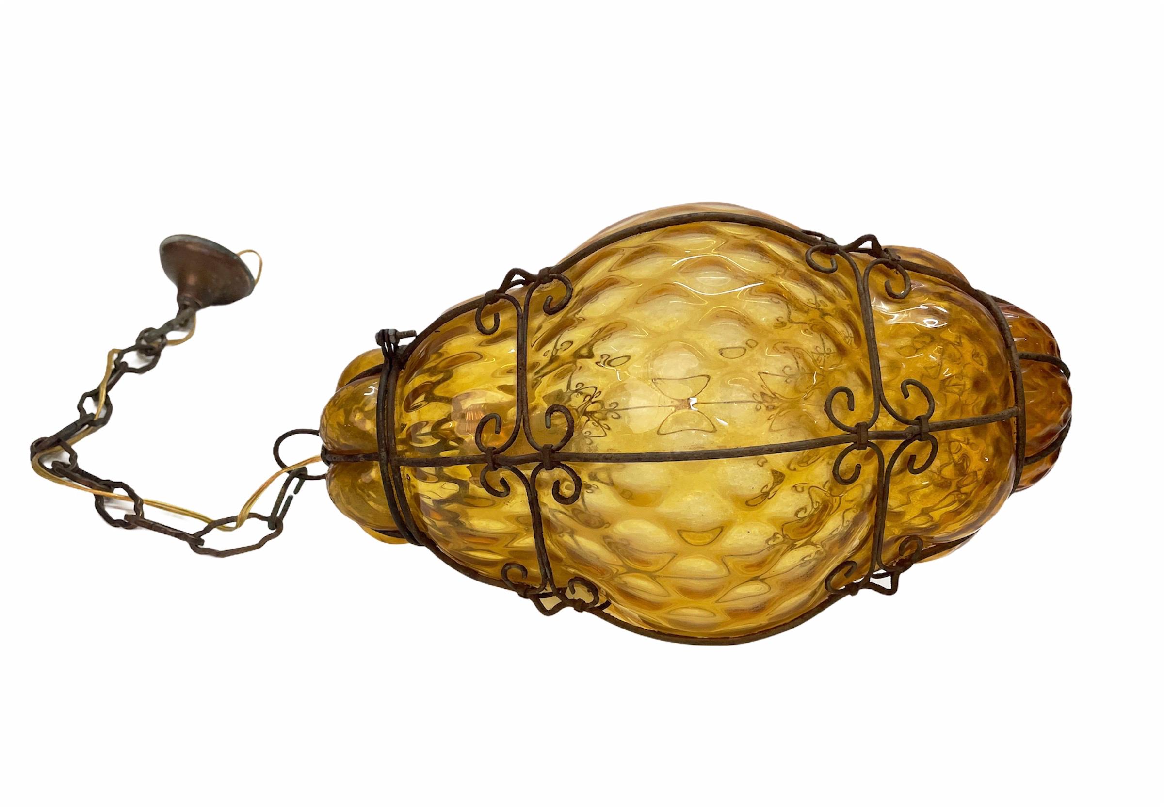 Midcentury Seguso Handblown Murano Amber Glass Cage Italian Pendant Light, 1940s For Sale 2