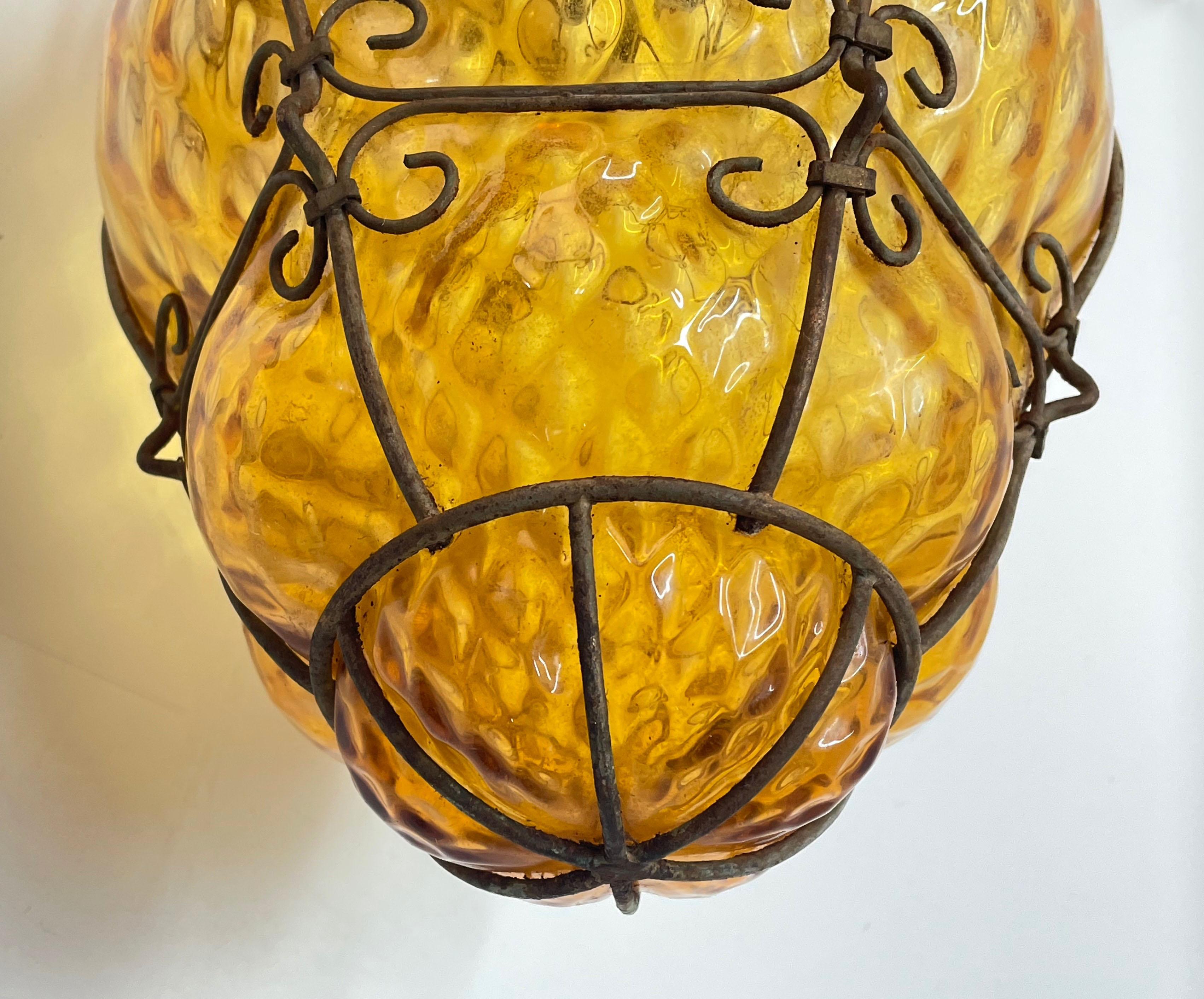 Midcentury Seguso Handblown Murano Amber Glass Cage Italian Pendant Light, 1940s For Sale 4