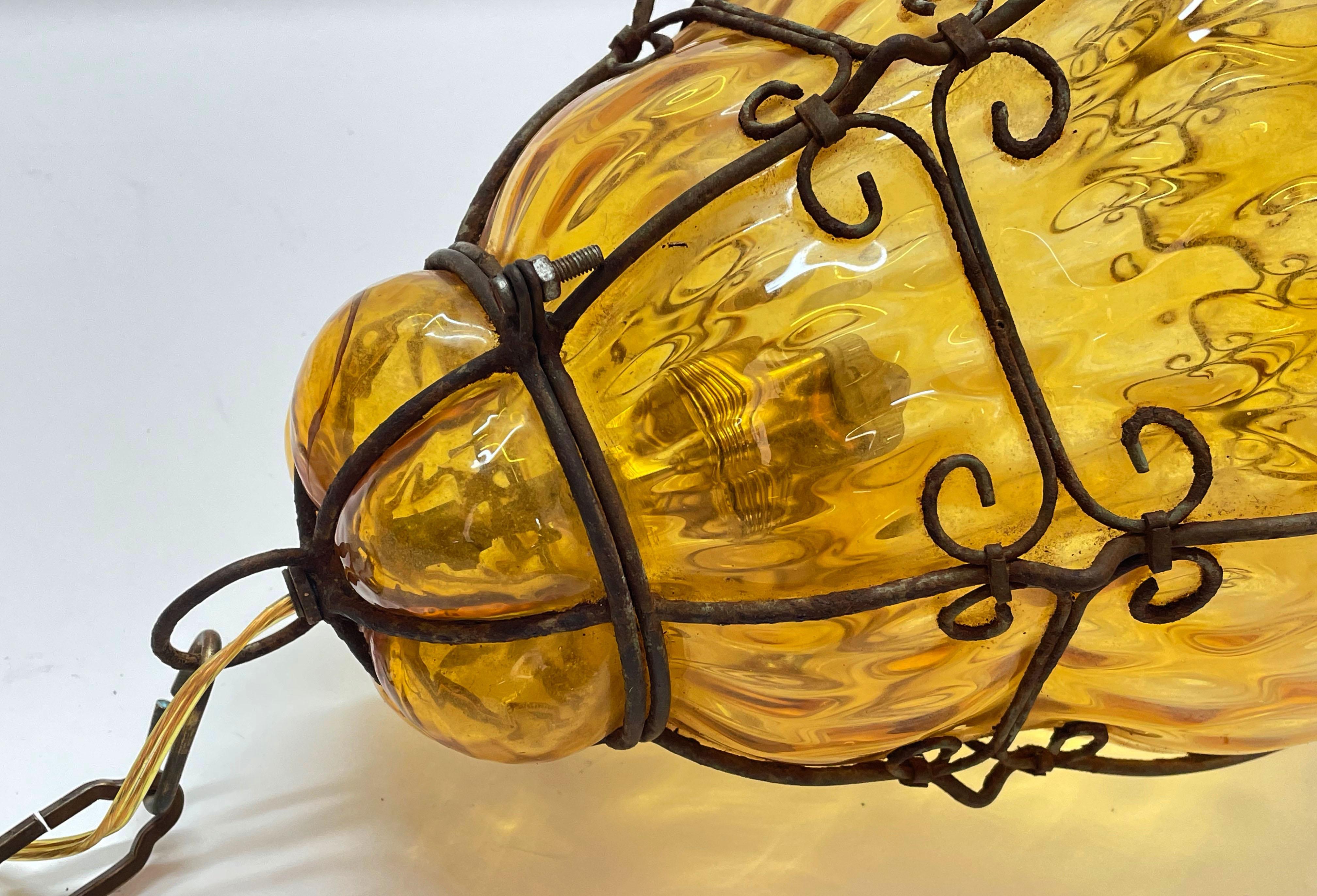 Midcentury Seguso Handblown Murano Amber Glass Cage Italian Pendant Light, 1940s For Sale 8