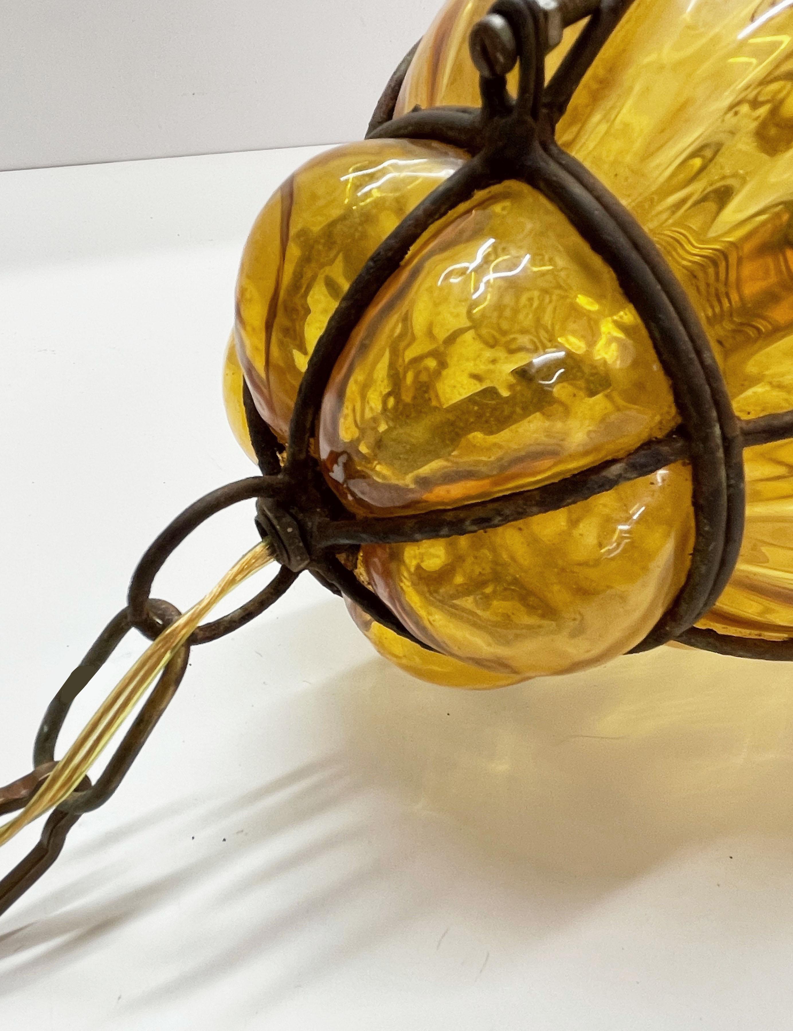 Midcentury Seguso Handblown Murano Amber Glass Cage Italian Pendant Light, 1940s For Sale 7