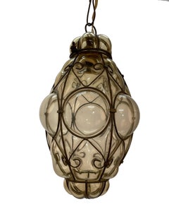 Midcentury Seguso Handblown Murano Amber Glass Cage Italian Pendant Light, 1940s
