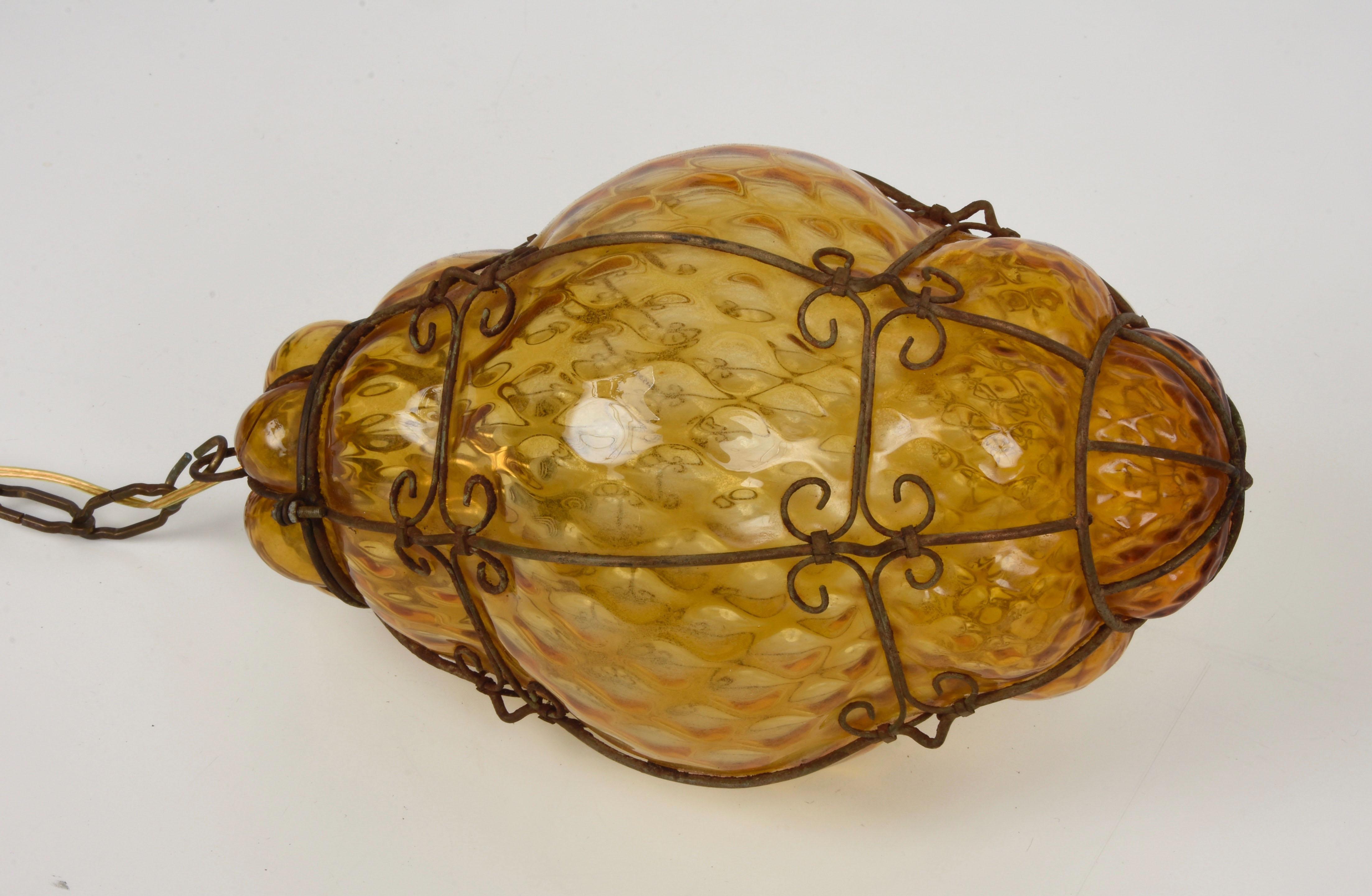 Blown Glass Midcentury Seguso Handblown Murano Amber Glass Cage Italian Pendant Light, 1940s For Sale