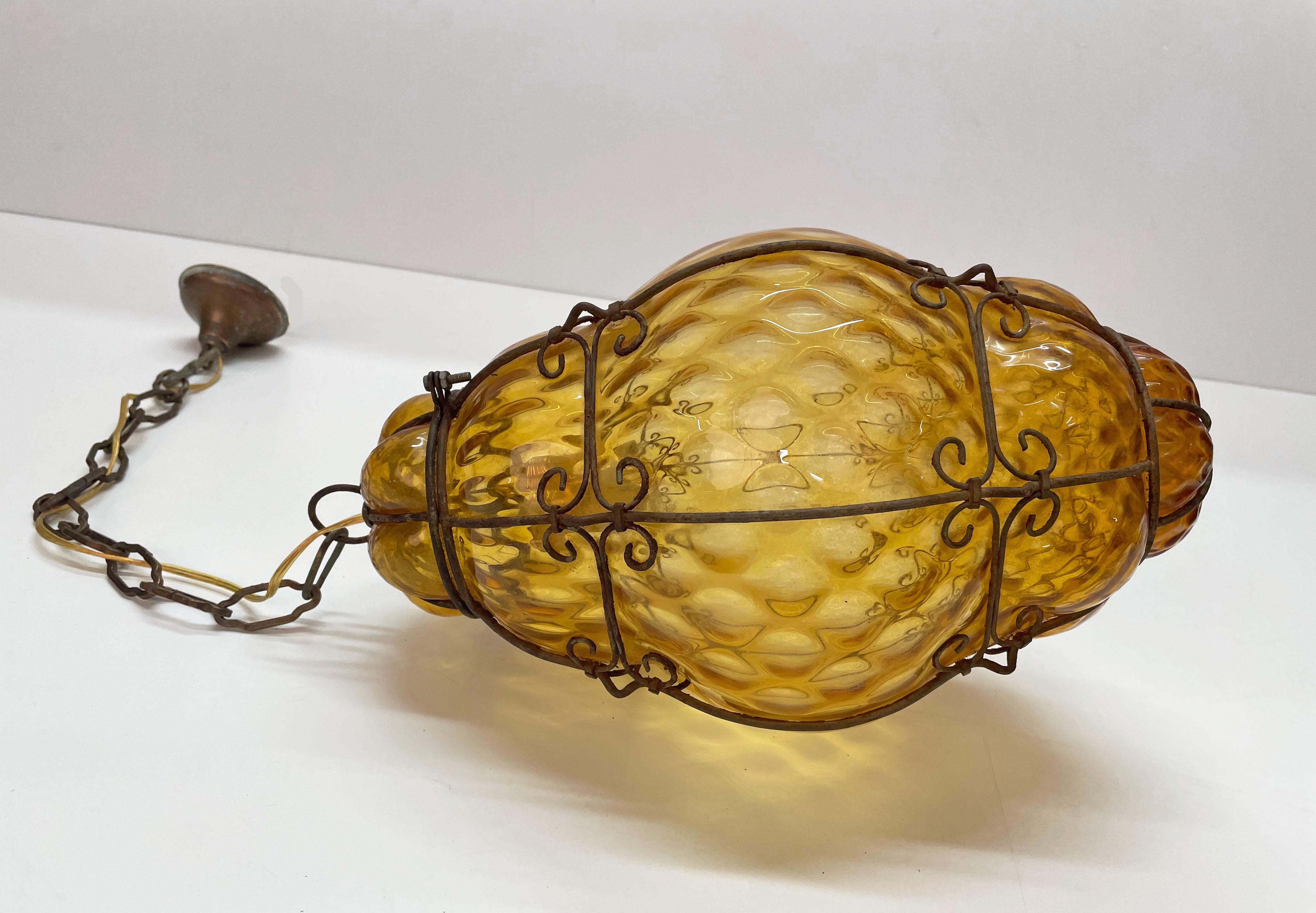 Mid-20th Century Midcentury Seguso Handblown Murano Amber Glass Cage Italian Pendant Light, 1940s For Sale