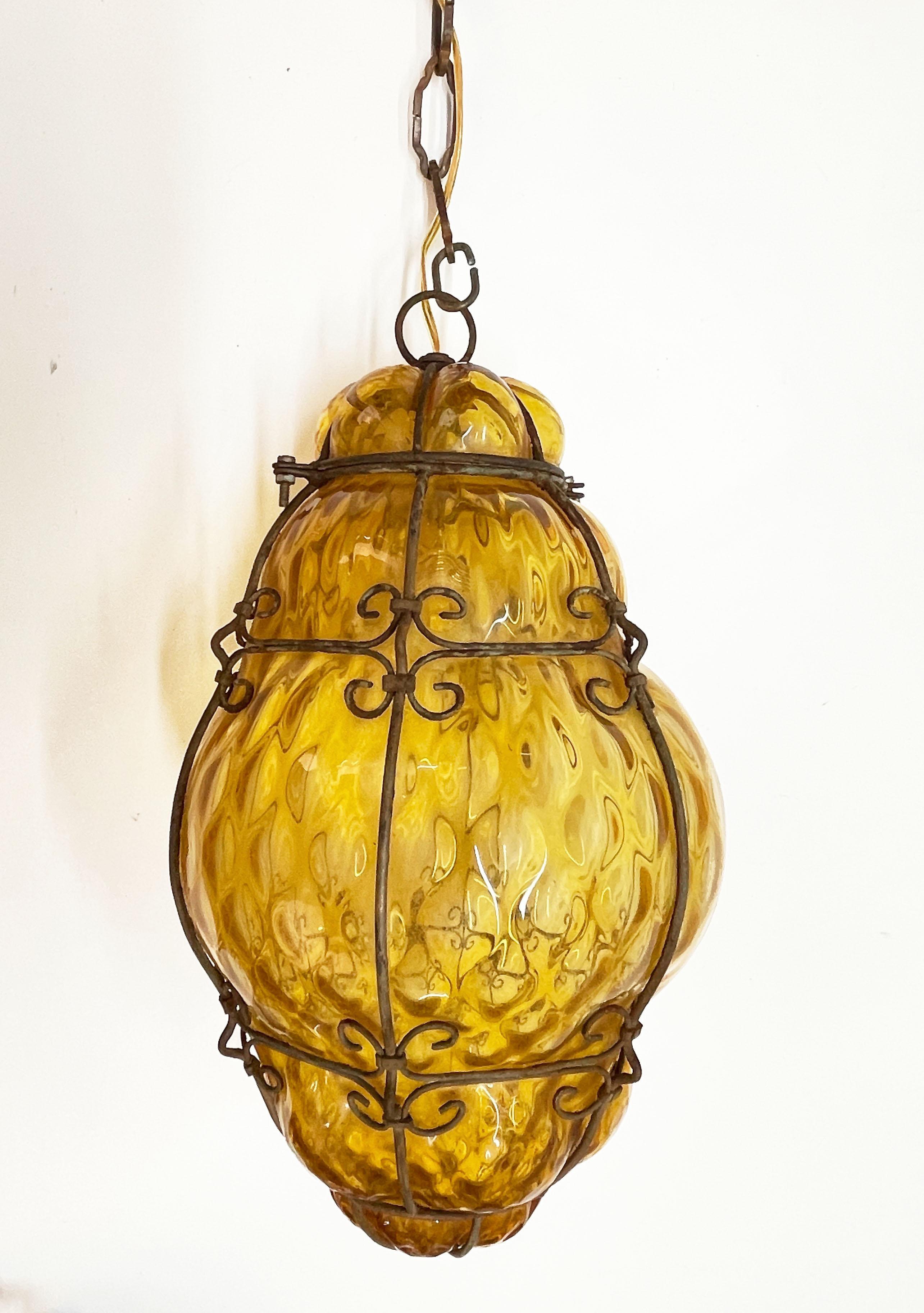 Blown Glass Midcentury Seguso Handblown Murano Amber Glass Cage Italian Pendant Light, 1940s For Sale