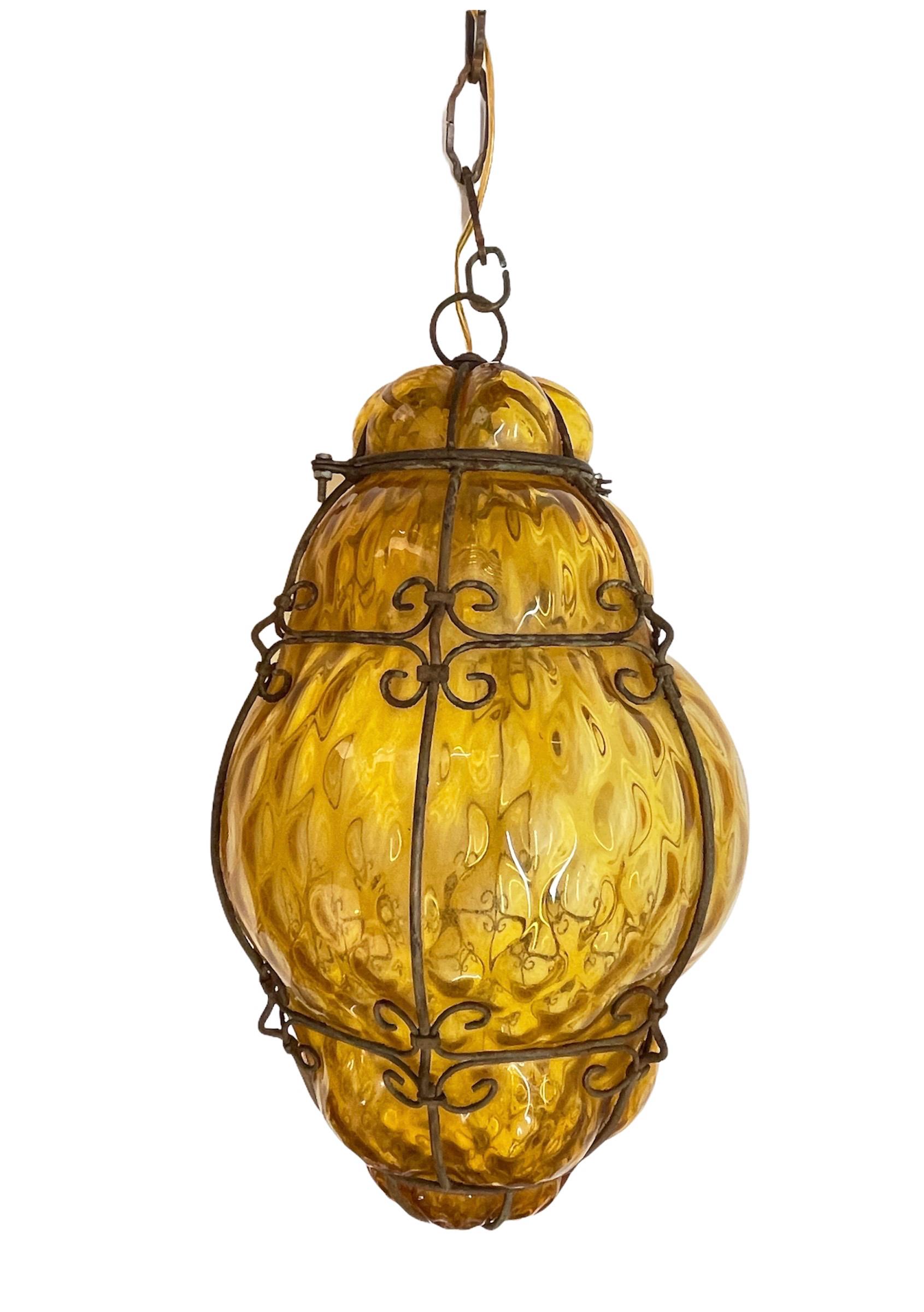 Midcentury Seguso Handblown Murano Amber Glass Cage Italian Pendant Light, 1940s For Sale 1