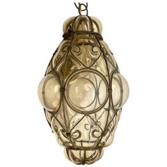 Midcentury Seguso Handblown Murano Amber Glass Cage Italian Pendant Light, 1940s