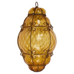 Used Midcentury Seguso Handblown Murano Amber Glass Cage Italian Pendant Light, 1940s