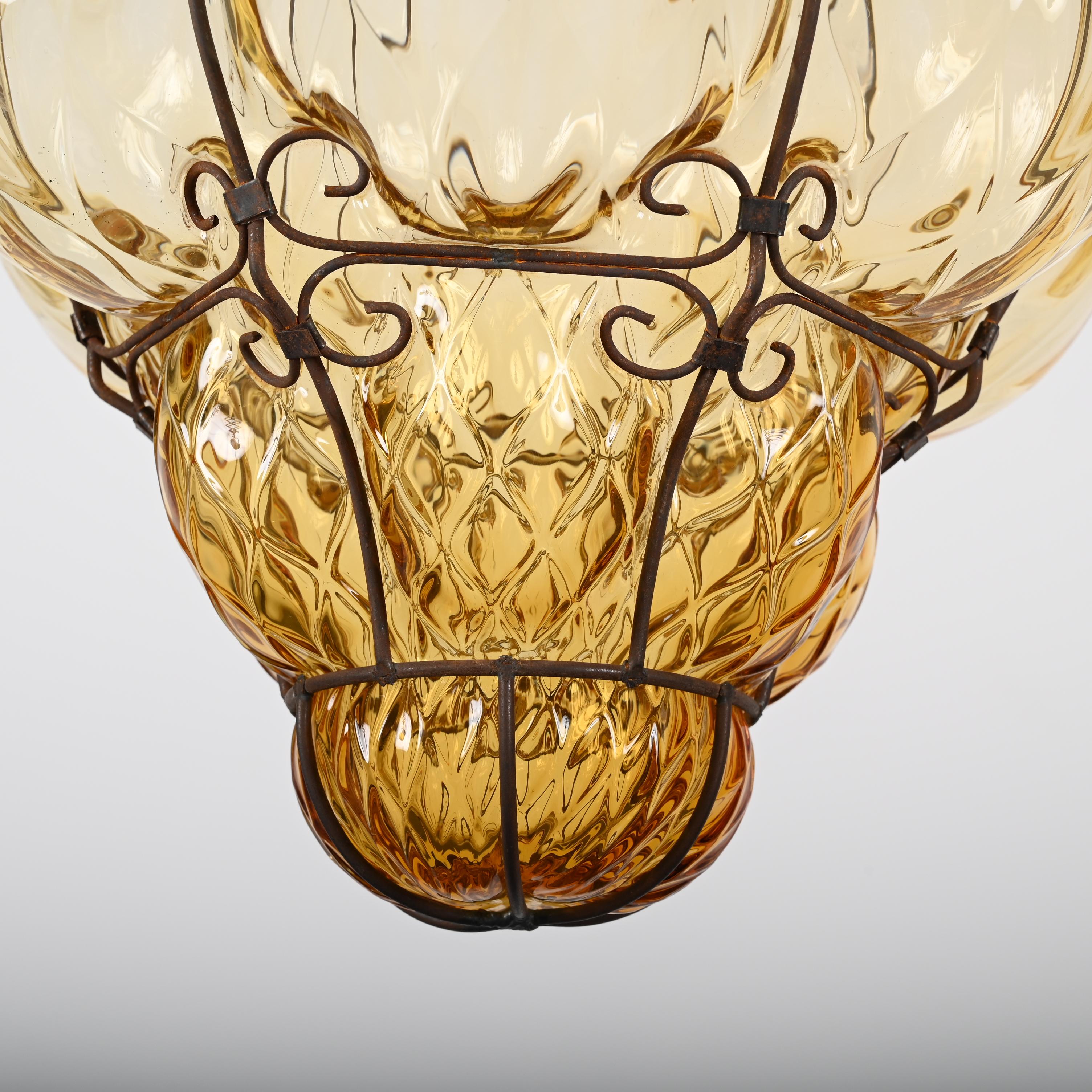 Midcentury Seguso Handblown Murano Amber Glass Italian Pendant Light, 1940s 7