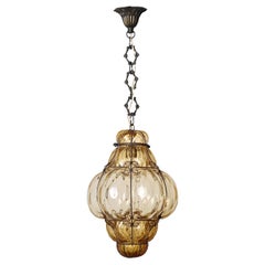 Midcentury Seguso Handblown Murano Amber Glass Italian Pendant Light, 1940s