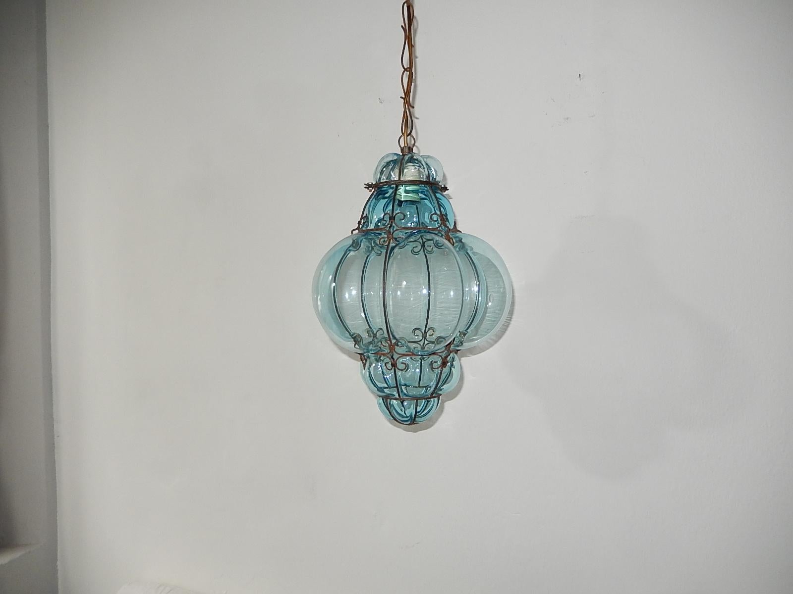 Midcentury Seguso Murano Aqua Blue Bubbles Blown Lantern Chandelier 4
