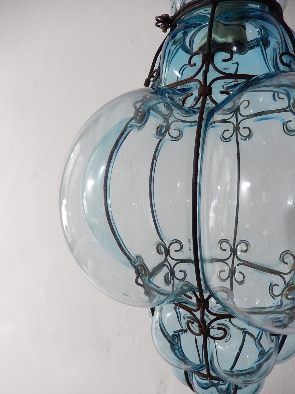 Midcentury Seguso Murano Aqua Blue Bubbles Blown Lantern Chandelier 6