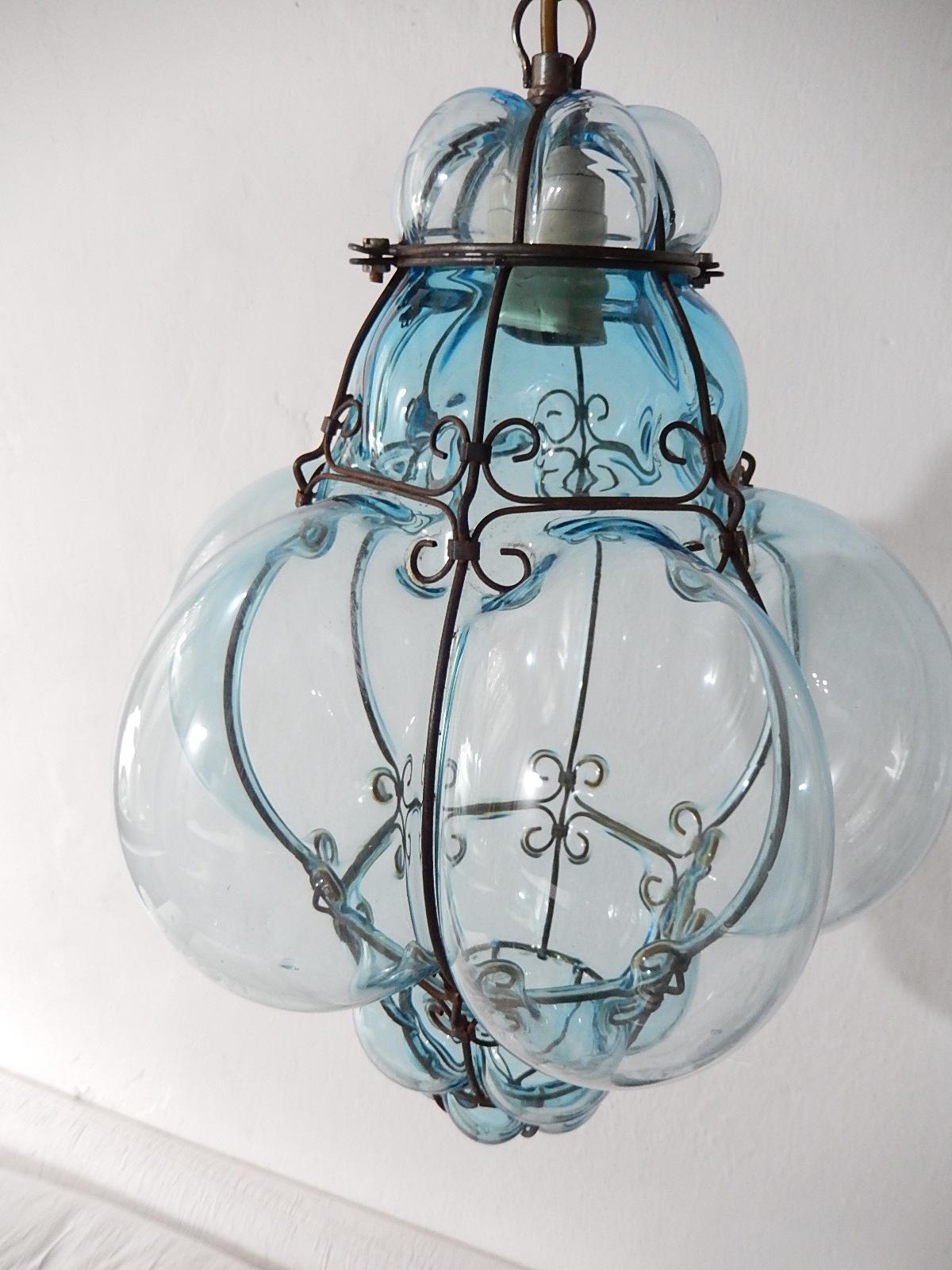 Italian Midcentury Seguso Murano Aqua Blue Bubbles Blown Lantern Chandelier