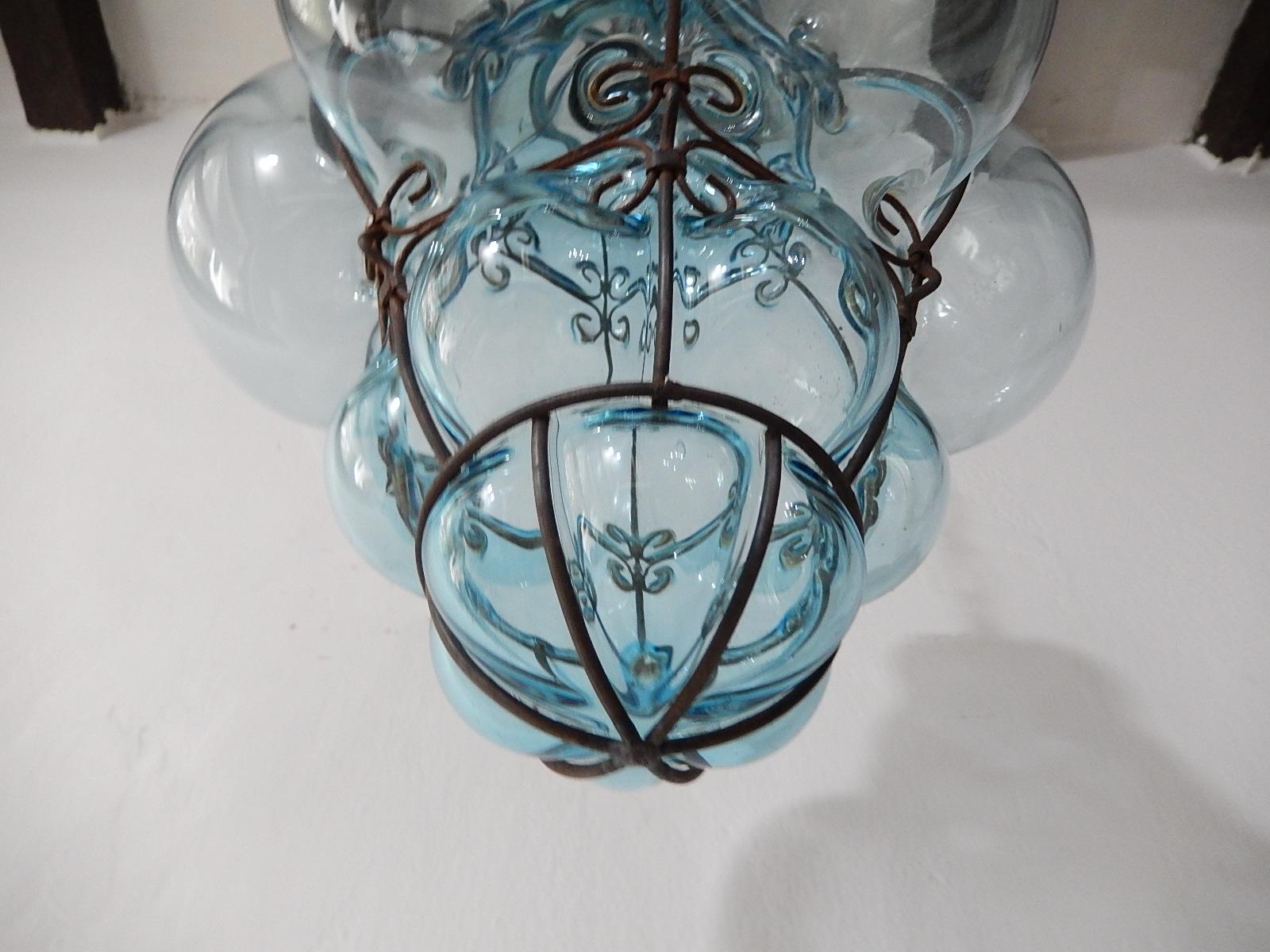 Mid-20th Century Midcentury Seguso Murano Aqua Blue Bubbles Blown Lantern Chandelier