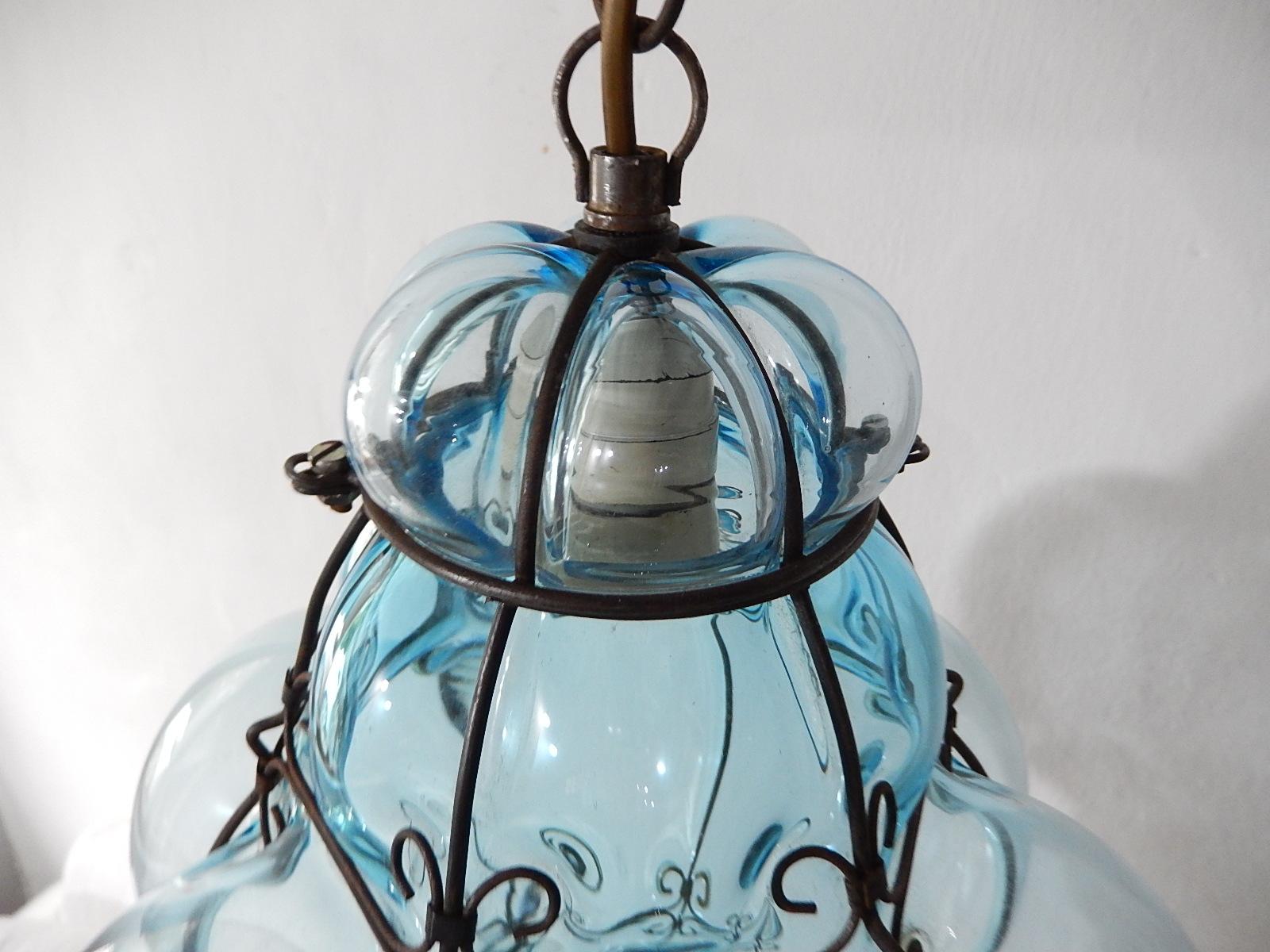 Murano Glass Midcentury Seguso Murano Aqua Blue Bubbles Blown Lantern Chandelier