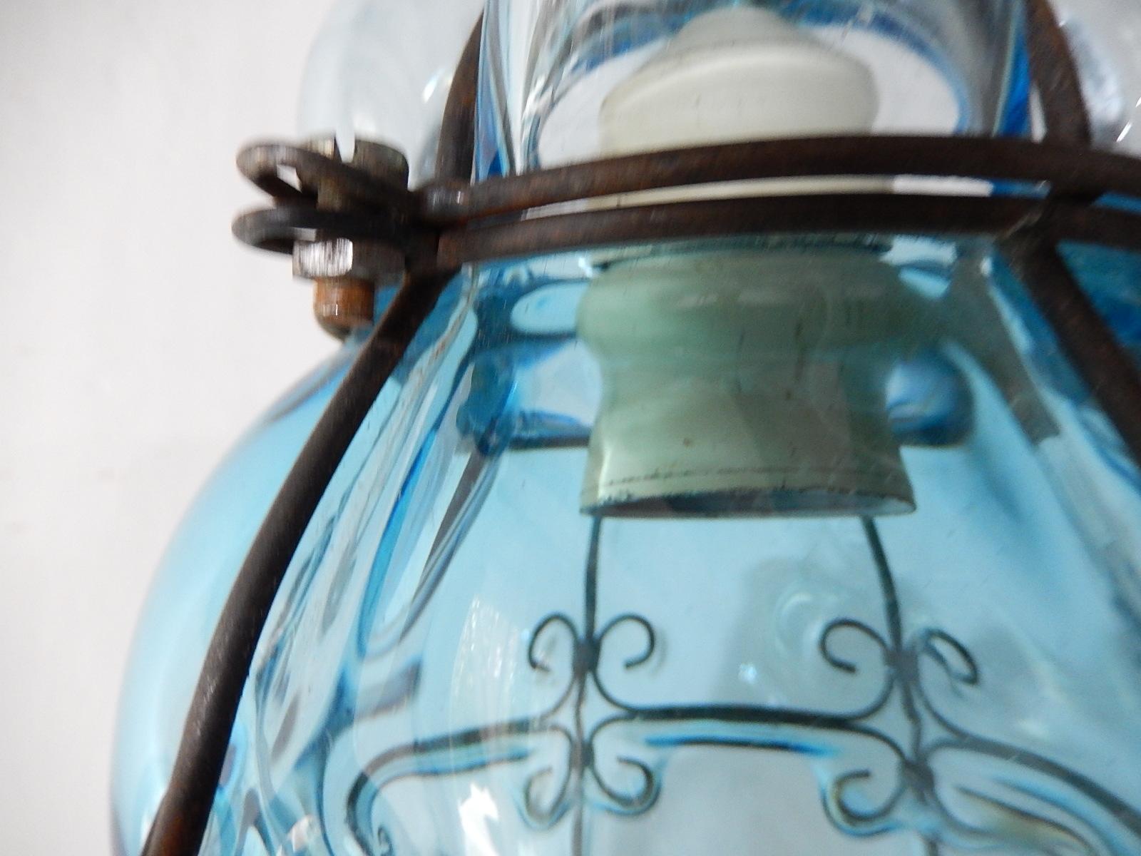 Midcentury Seguso Murano Aqua Blue Bubbles Blown Lantern Chandelier 1