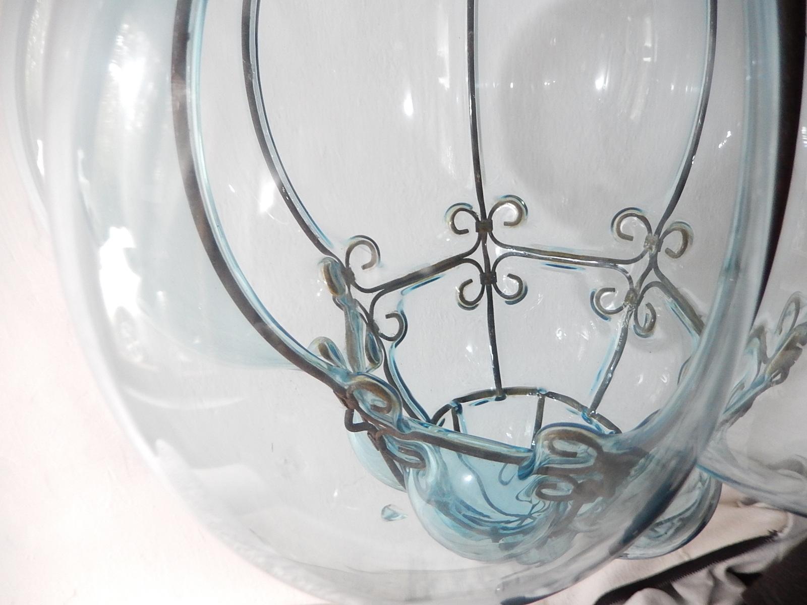 Midcentury Seguso Murano Aqua Blue Bubbles Blown Lantern Chandelier 2