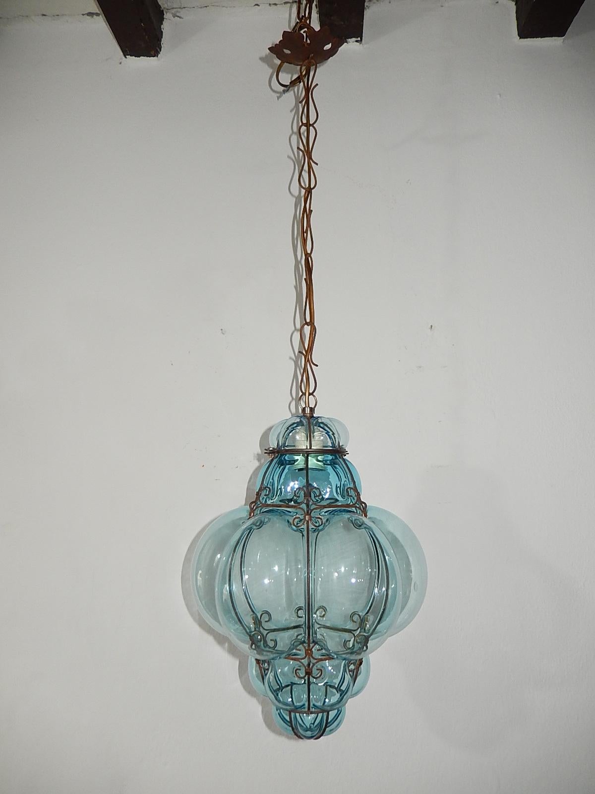 Midcentury Seguso Murano Aqua Blue Bubbles Blown Lantern Chandelier 3