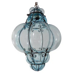 Midcentury Seguso Murano Aqua Blue Bubbles Blown Lantern Chandelier