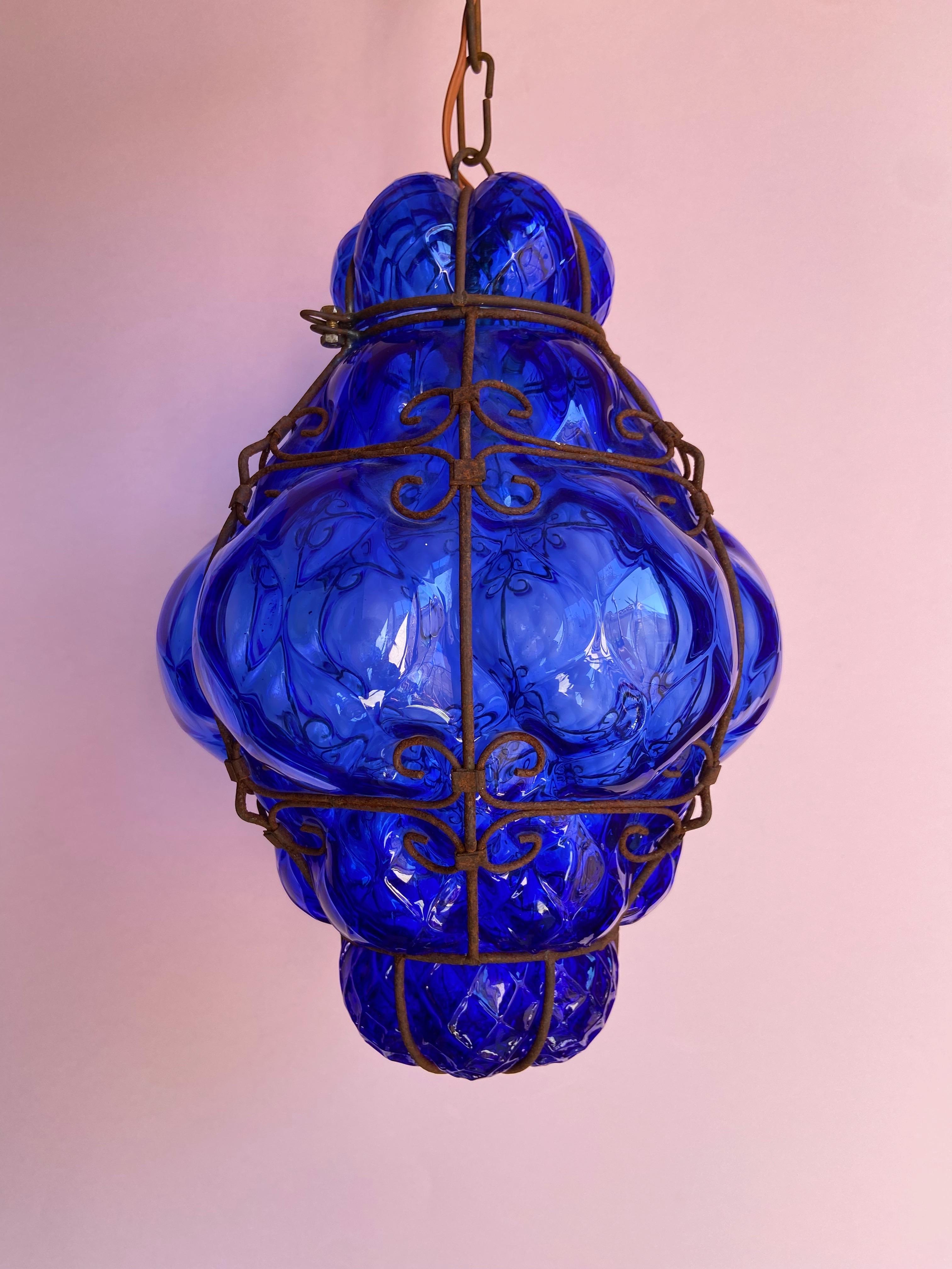 Mid-Century Modern Midcentury Seguso Murano Cobalt Blue Blown Detailed Lantern Chandelier For Sale