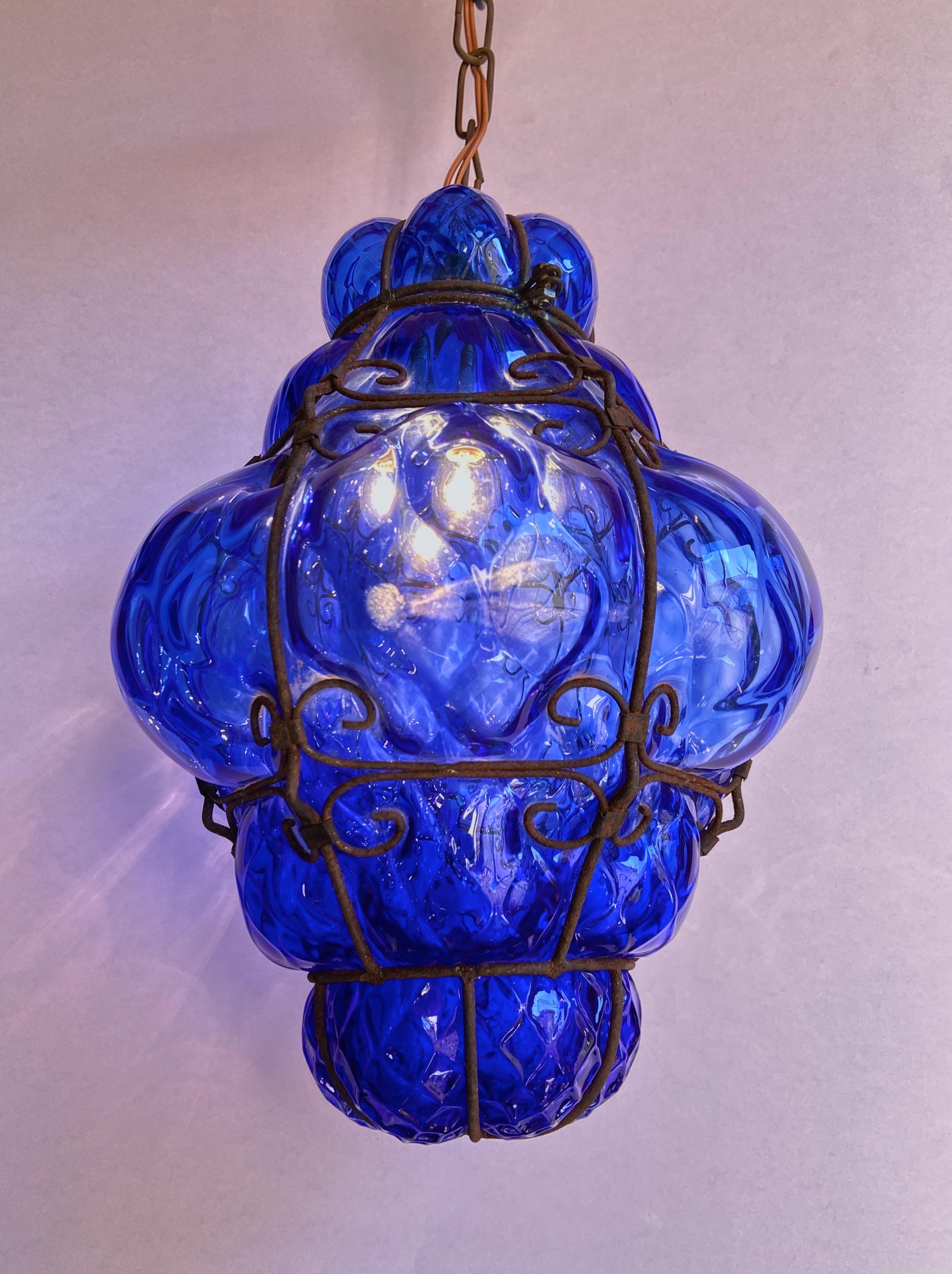 Italian Midcentury Seguso Murano Cobalt Blue Blown Detailed Lantern Chandelier For Sale