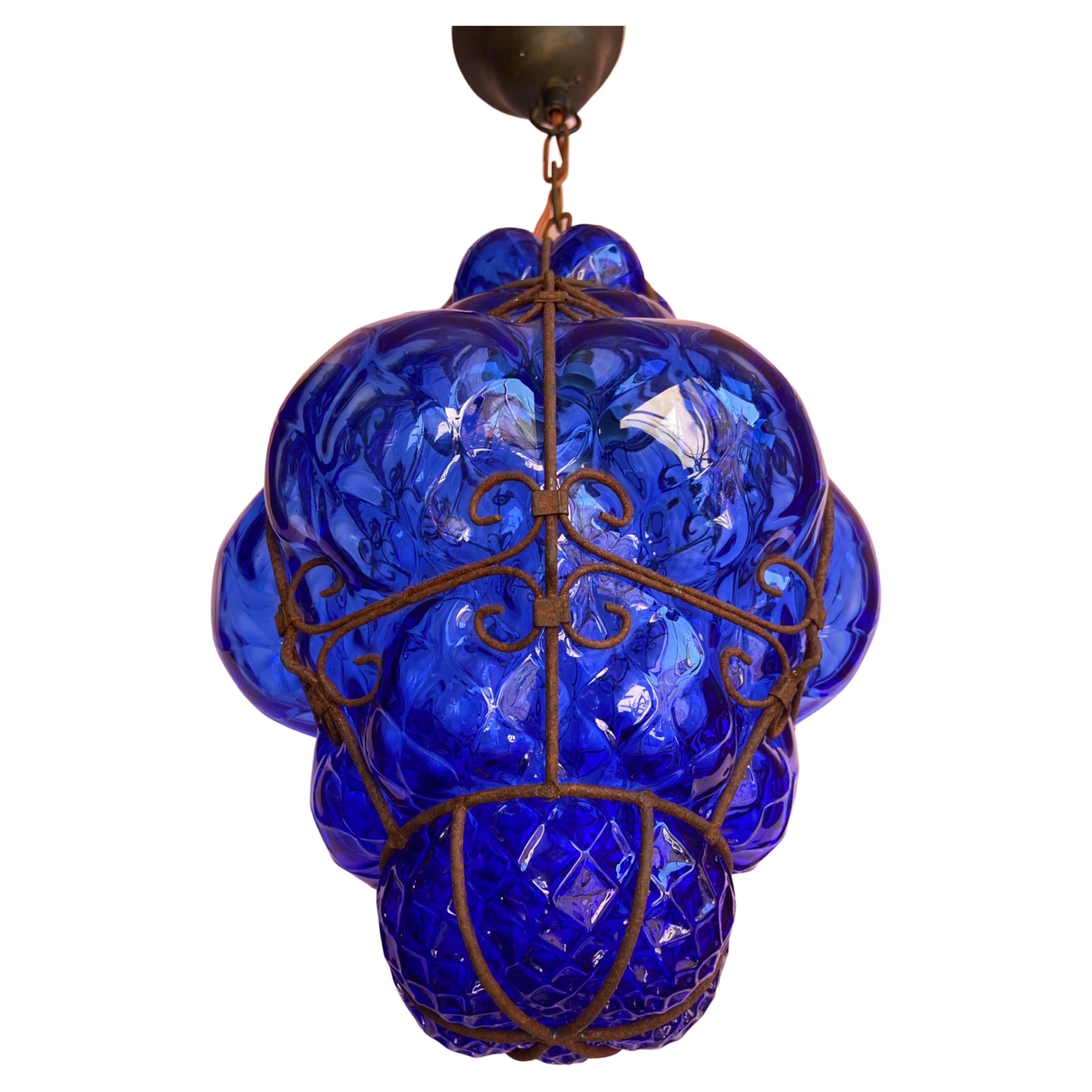 Midcentury Seguso Murano Cobalt Blue Blown Detailed Lantern Chandelier For Sale