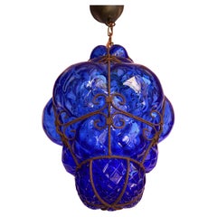 Retro Midcentury Seguso Murano Cobalt Blue Blown Detailed Lantern Chandelier