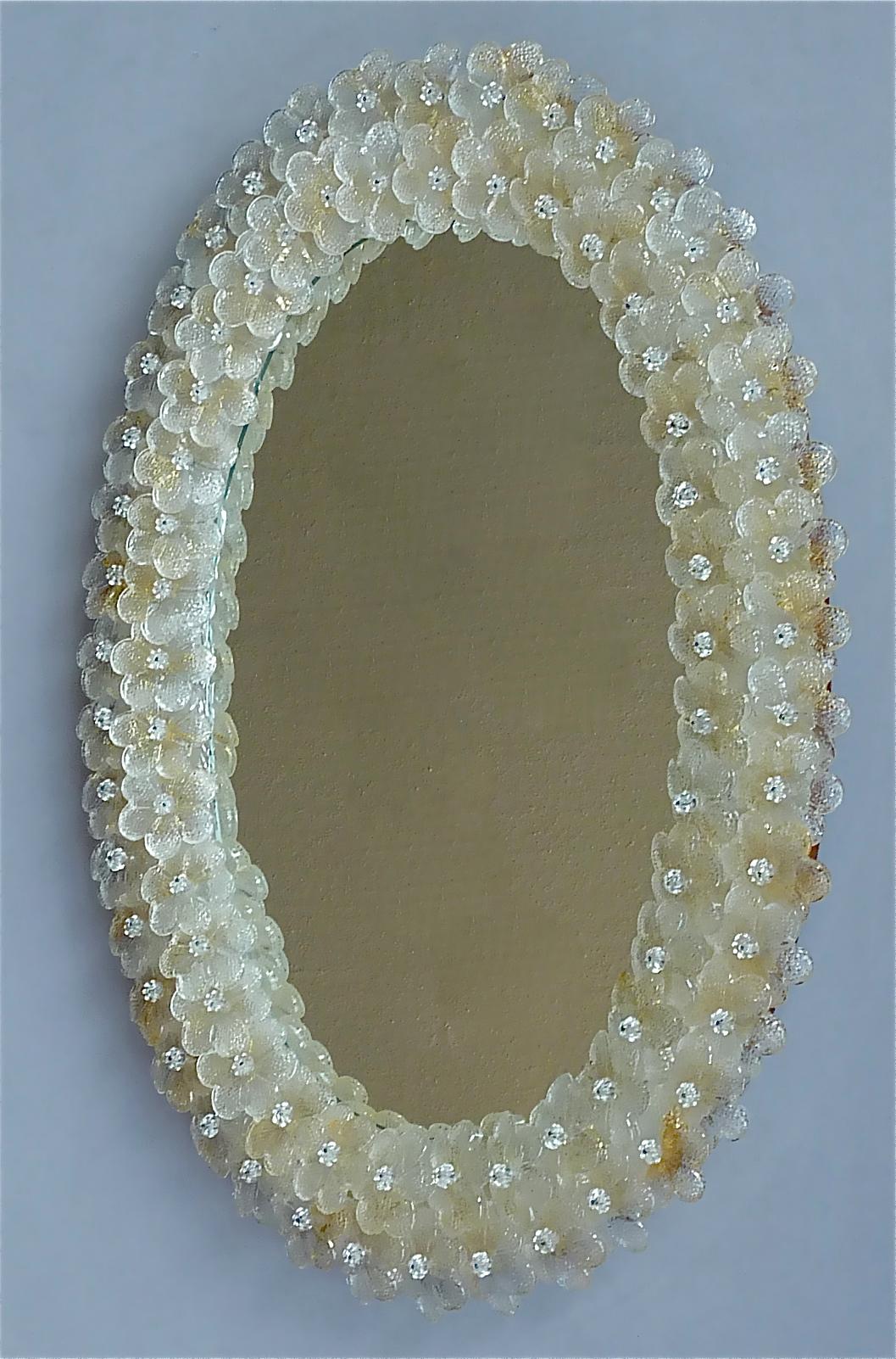 Midcentury Seguso Oval Mirror Murano Glass Flowers Golden Clear, Italian, 1950s 9