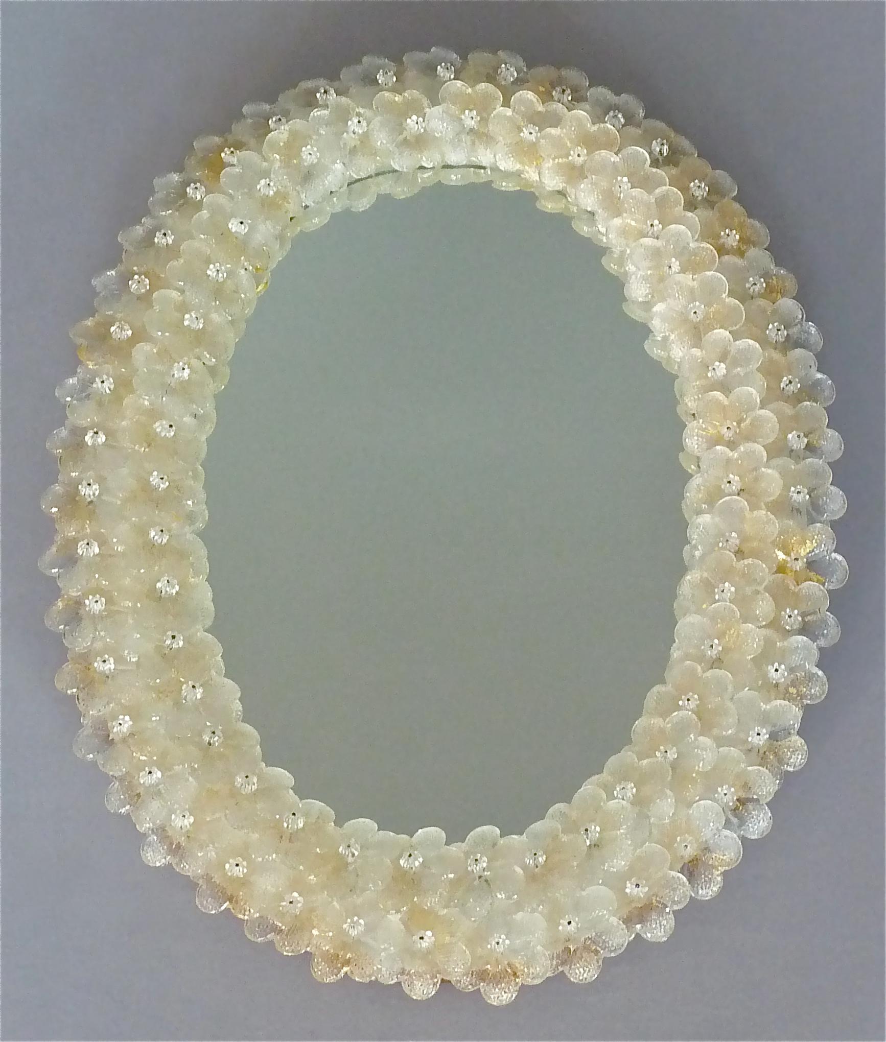 Midcentury Seguso Oval Mirror Murano Glass Flowers Golden Clear, Italian, 1950s 10