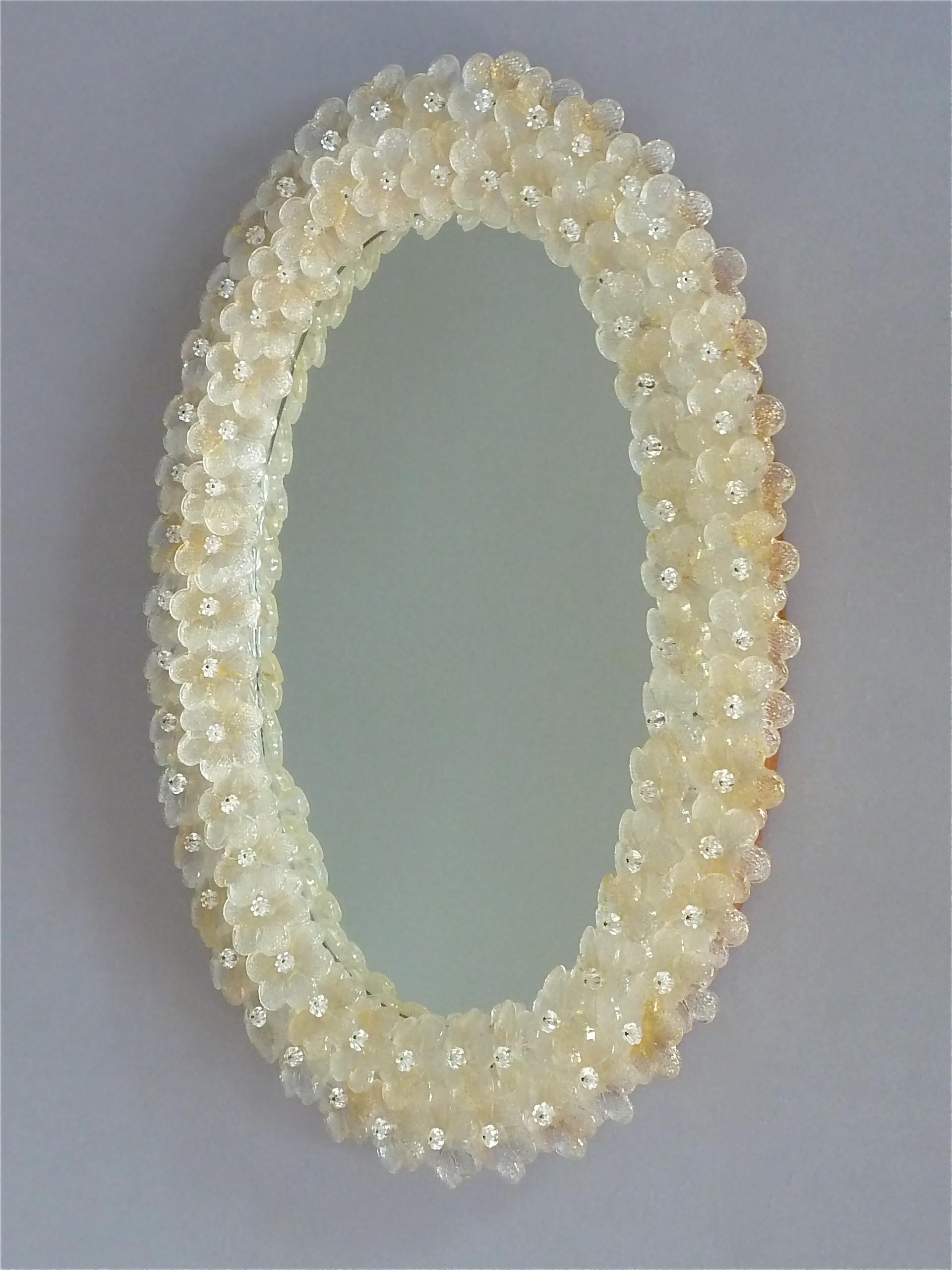 Hand-Crafted Midcentury Seguso Oval Mirror Murano Glass Flowers Golden Clear, Italian, 1950s