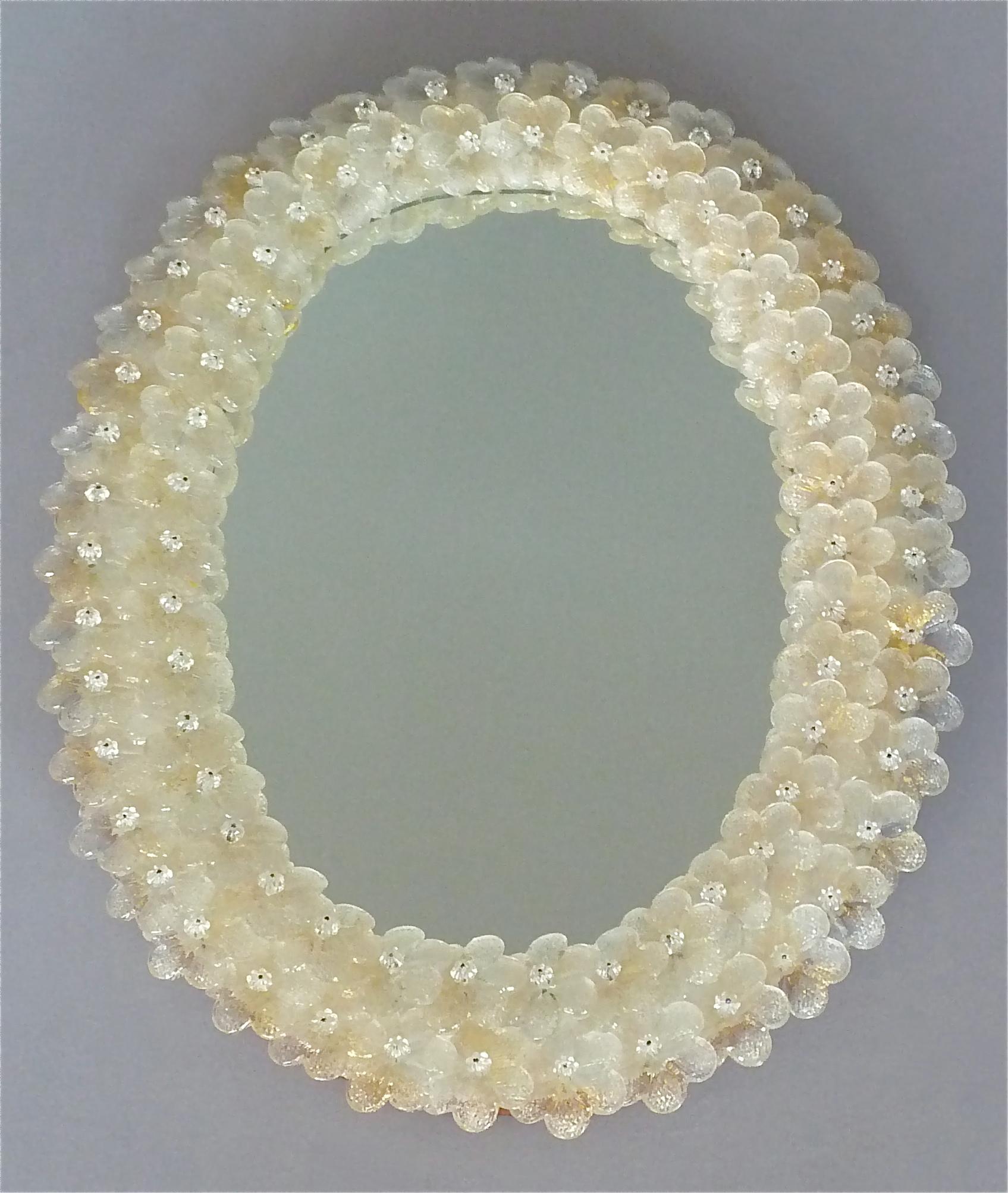 Midcentury Seguso Oval Mirror Murano Glass Flowers Golden Clear, Italian, 1950s 1