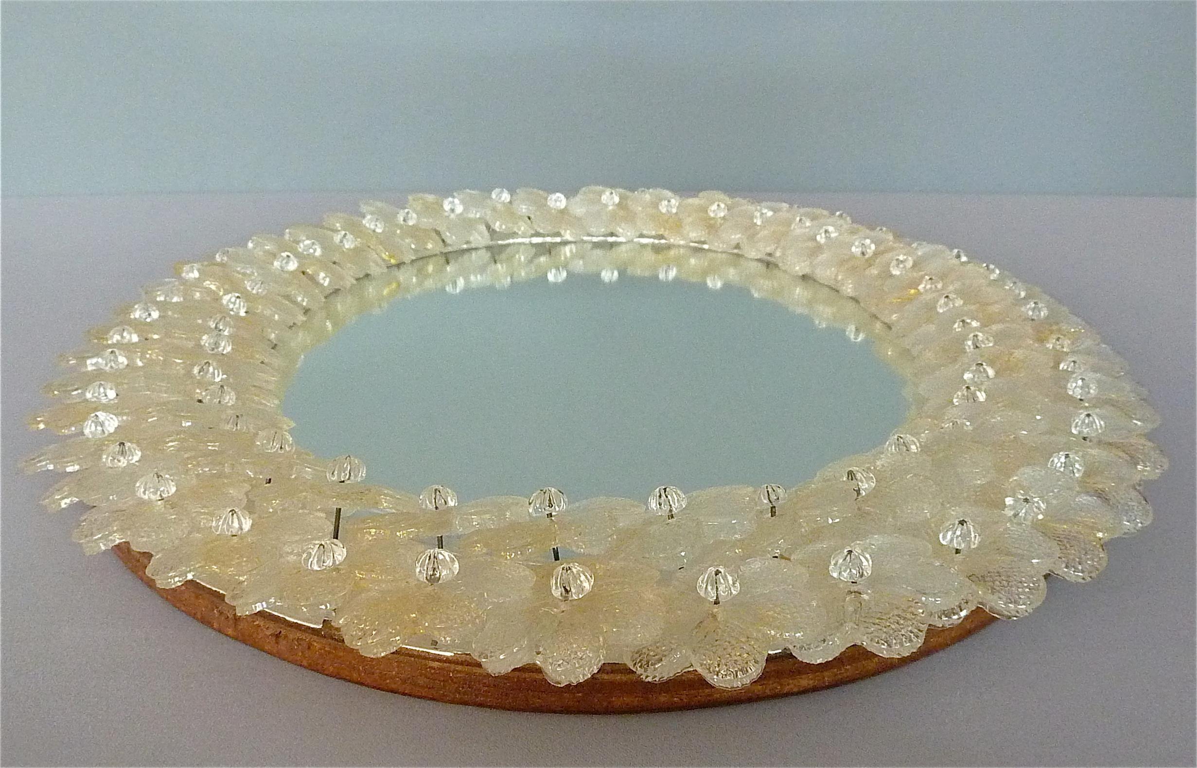 Midcentury Seguso Oval Mirror Murano Glass Flowers Golden Clear, Italian, 1950s 3