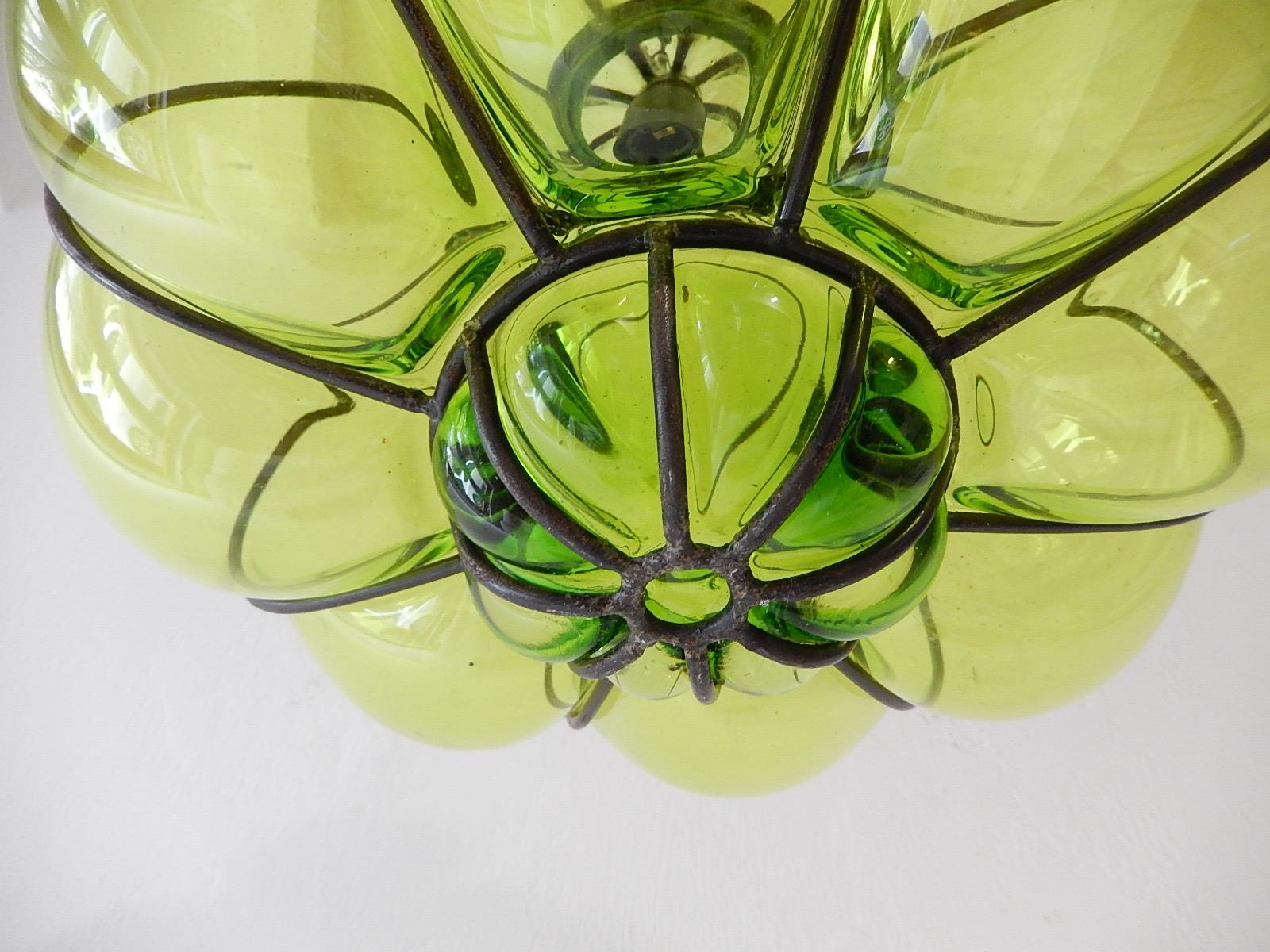 Murano Glass Midcentury Seguso Style Murano Green Bubbles Blown Lantern Chandelier