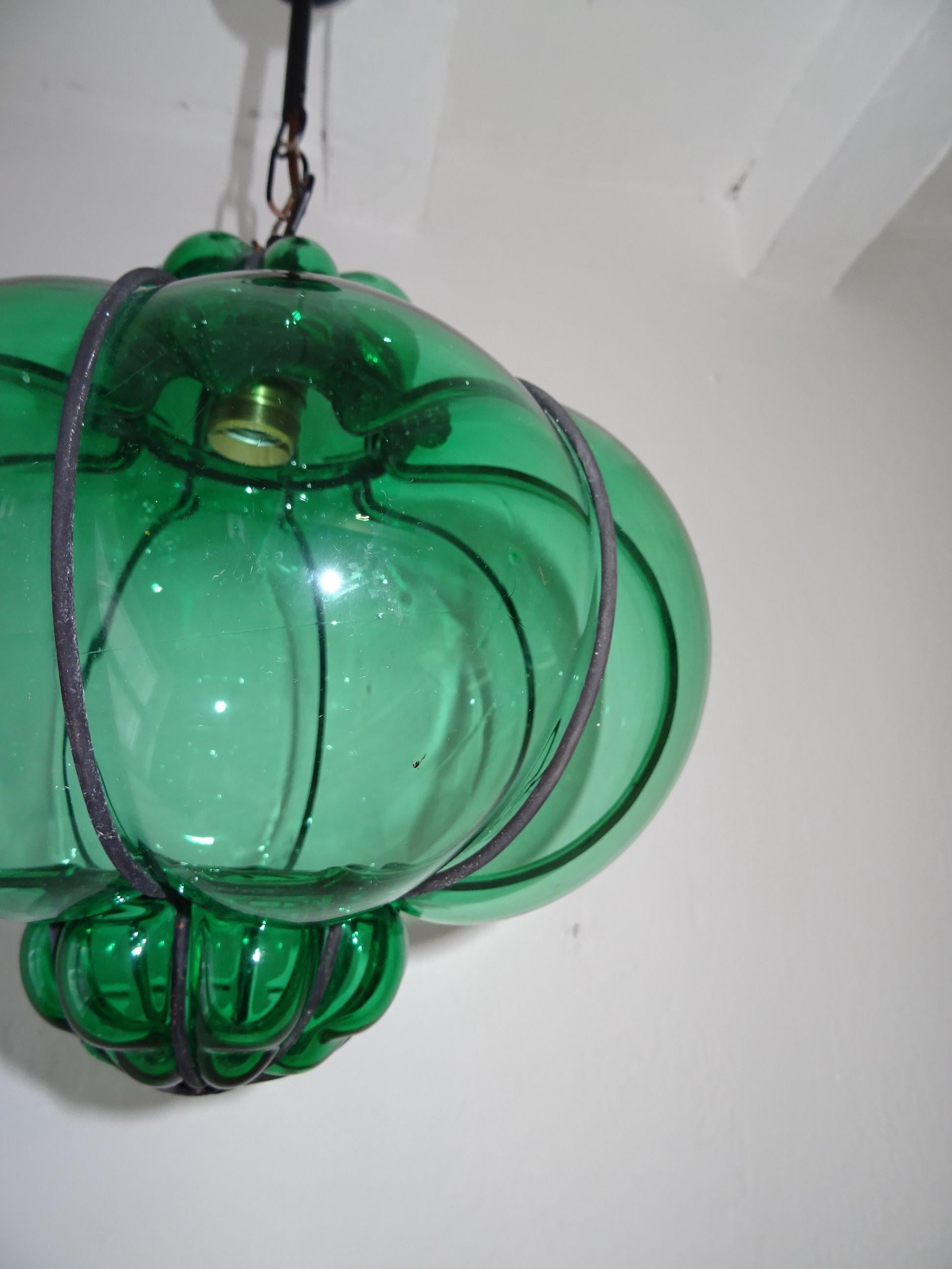 Murano Glass Midcentury Seguso Style Murano Green Bubbles Blown Lantern Chandelier For Sale