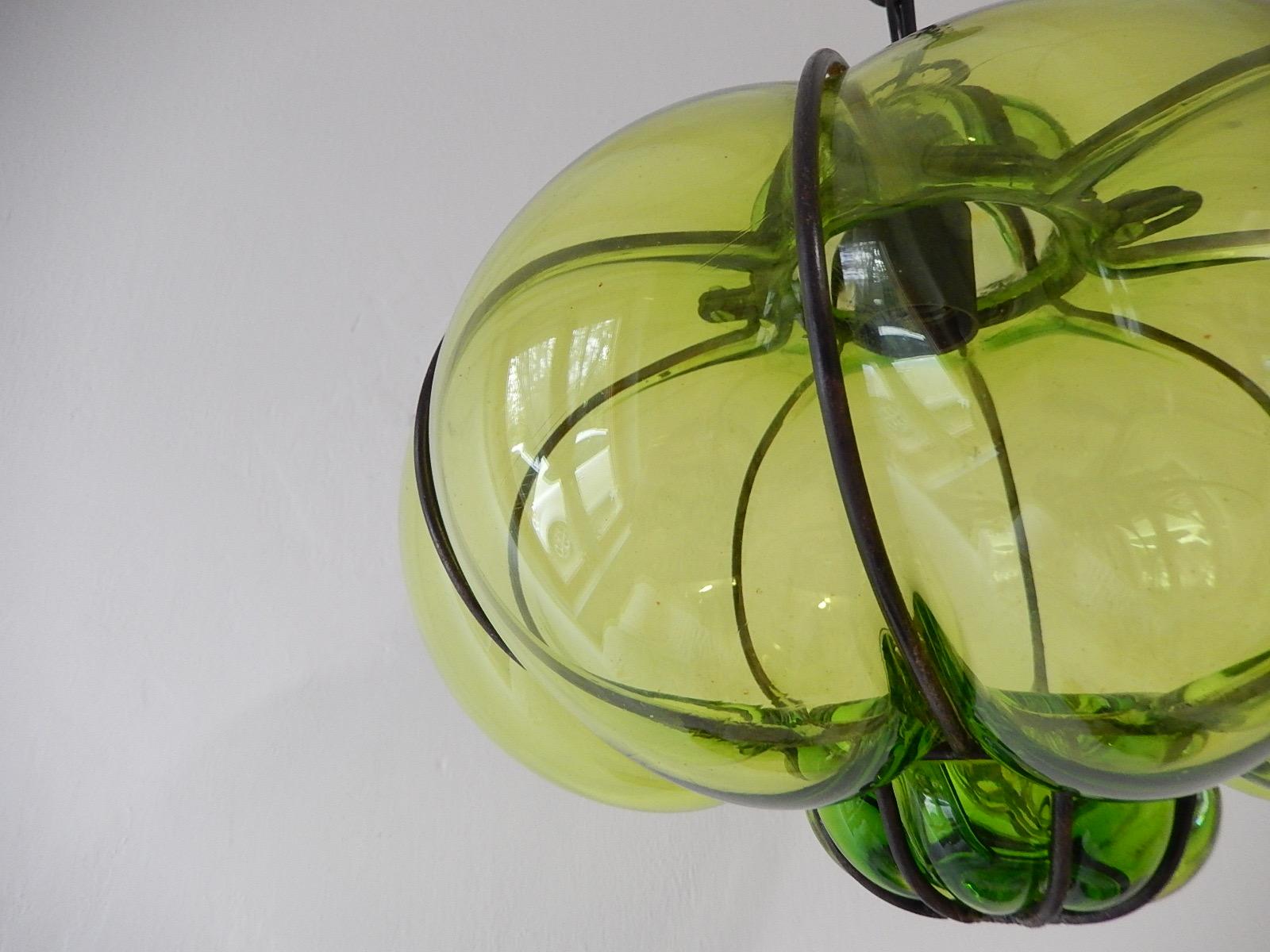 Midcentury Seguso Style Murano Green Bubbles Blown Lantern Chandelier 2