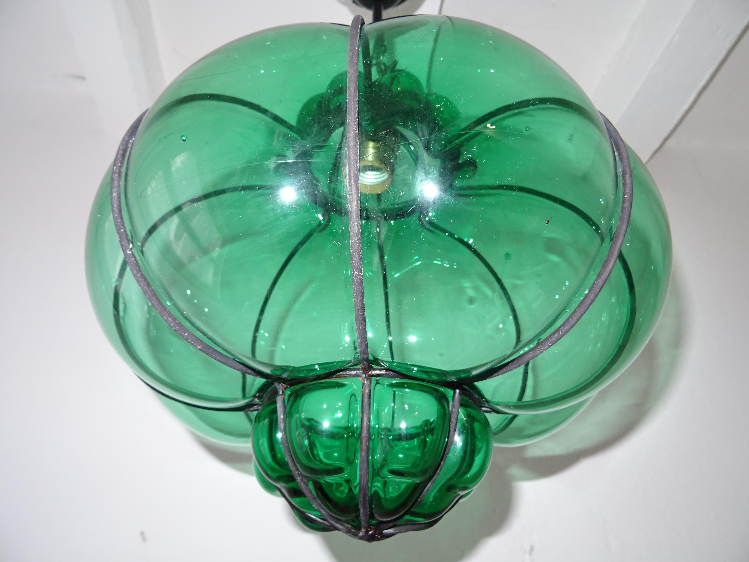Midcentury Seguso Style Murano Green Bubbles Blown Lantern Chandelier For Sale 2