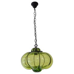 Midcentury Seguso Style Murano Green Bubbles Blown Lantern Chandelier