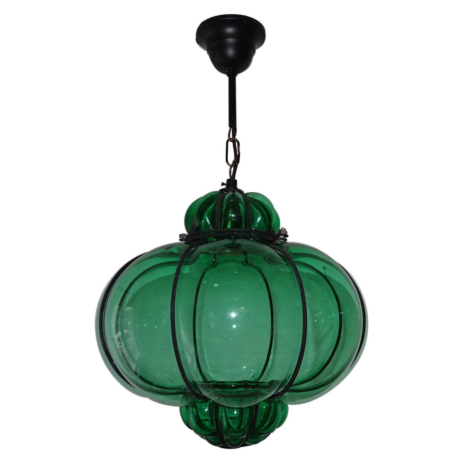 Midcentury Seguso Style Murano Green Bubbles Blown Lantern Chandelier