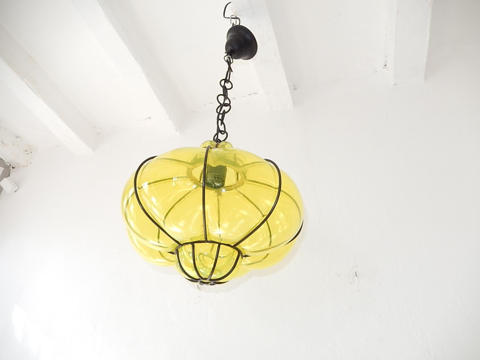 Mid-Century Modern Midcentury Seguso Style Murano Neon Yellow Bubbles Blown Lantern Chandelier