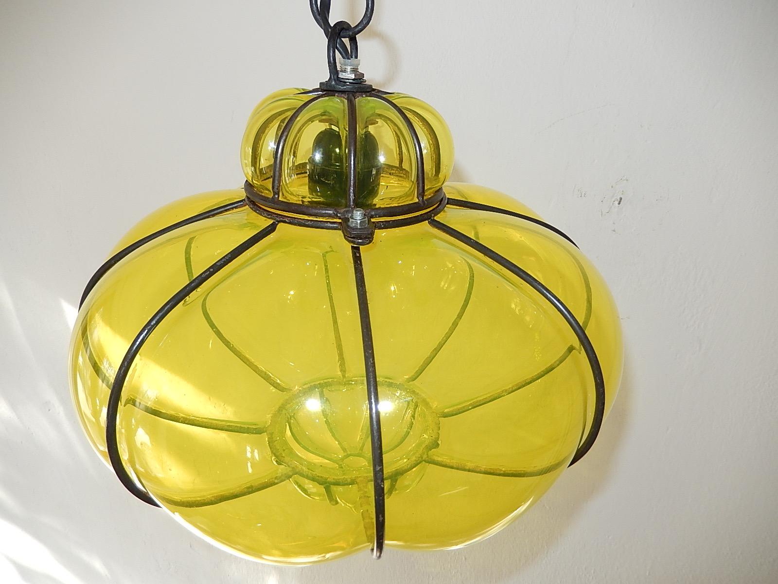 Italian Midcentury Seguso Style Murano Neon Yellow Bubbles Blown Lantern Chandelier