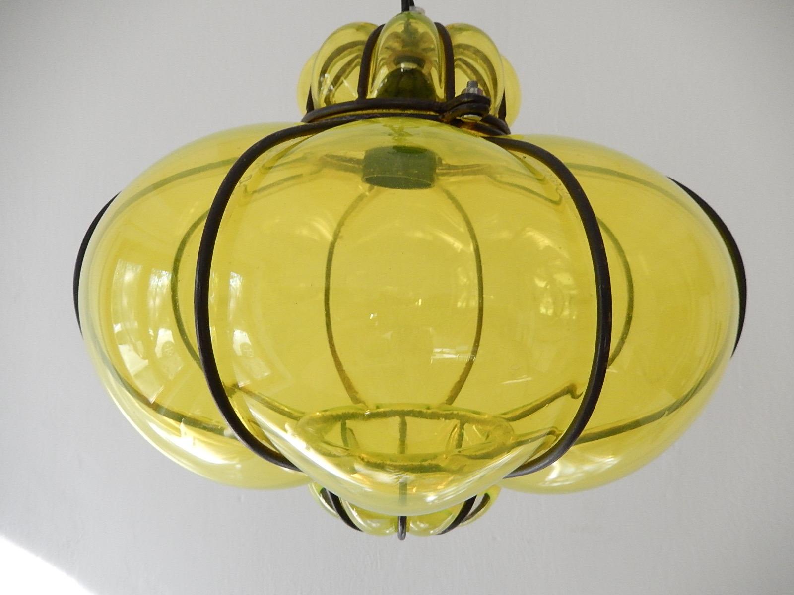 Mid-20th Century Midcentury Seguso Style Murano Neon Yellow Bubbles Blown Lantern Chandelier
